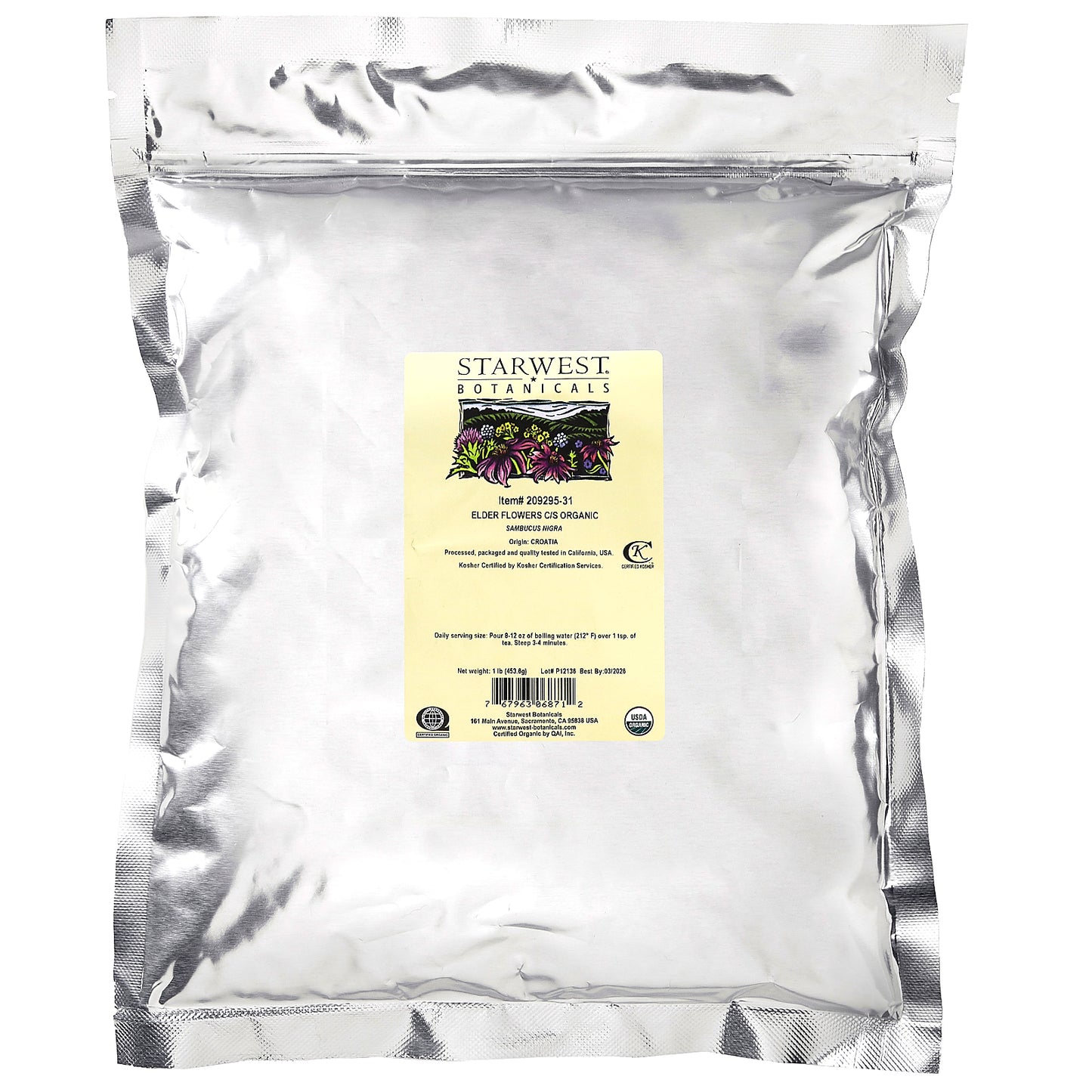 Starwest Botanicals, Organic Elder Flowers, Cut & Sifted, 1 lb (453.6 g)