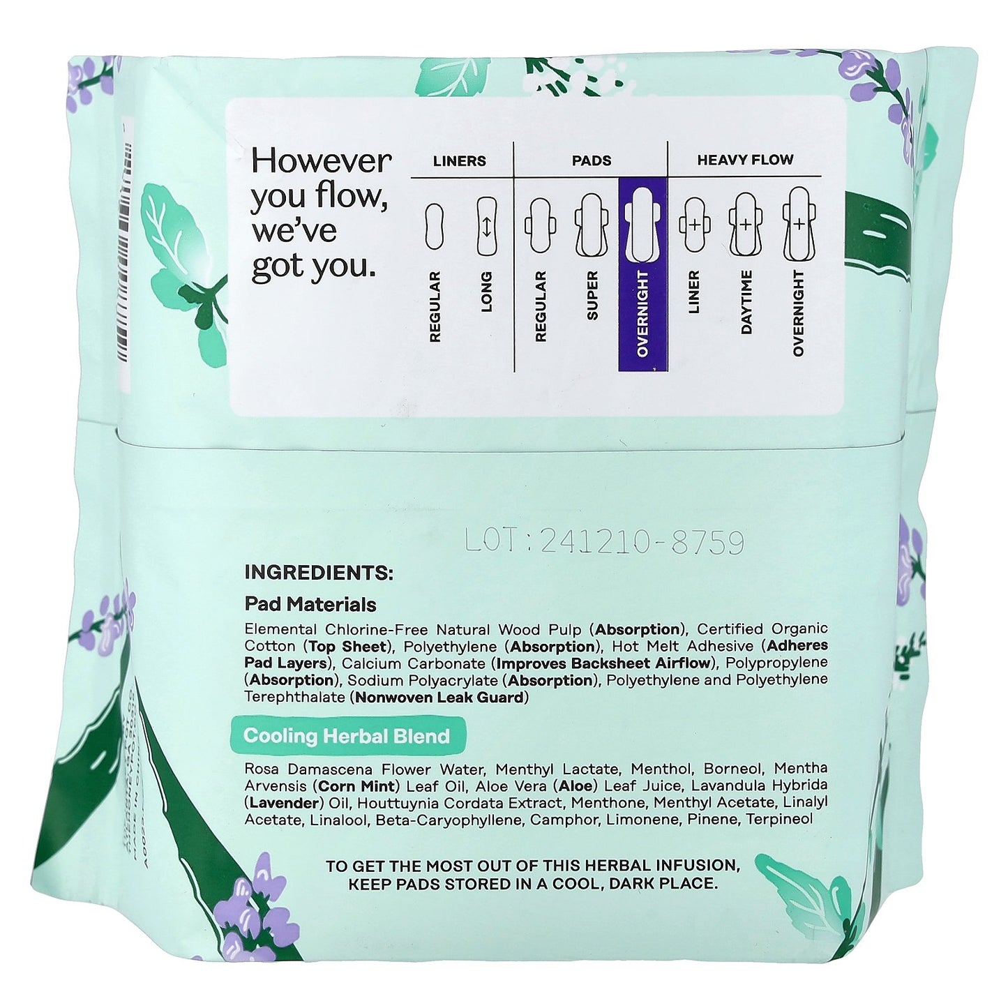 The Honey Pot Company, Organic Cooling Herbal Infusion, Pads with Wings, Overnight, 12 Count