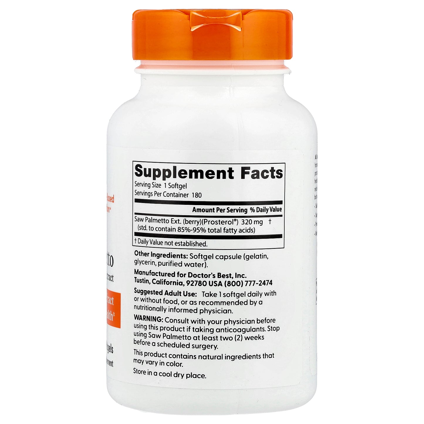 Doctor's Best, Saw Palmetto, Standardized Extract, 320 mg, 180 Softgels