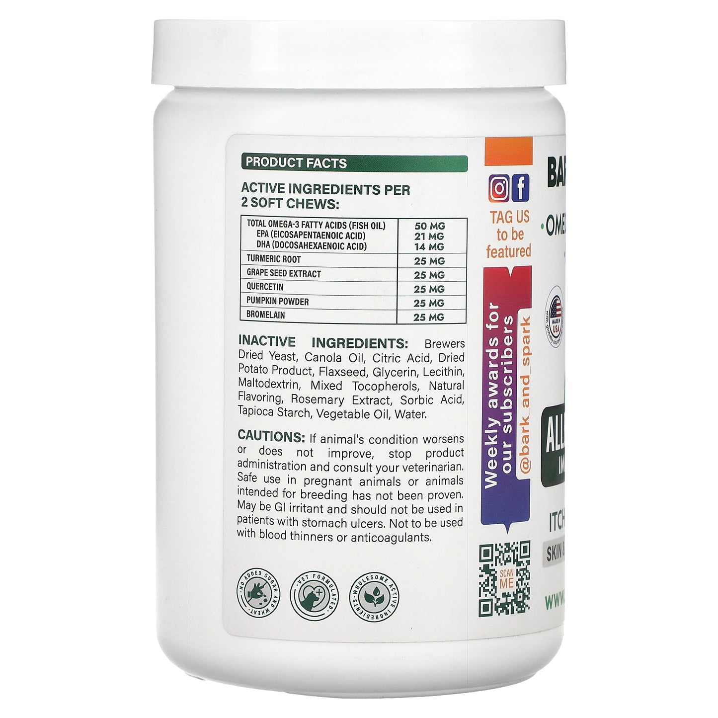 Bark&Spark, Allergy Relief Immune Chews, Itchy Skin Relief, For Dogs, Chicken, 180 Soft Chews, 13.9 oz (369 g)