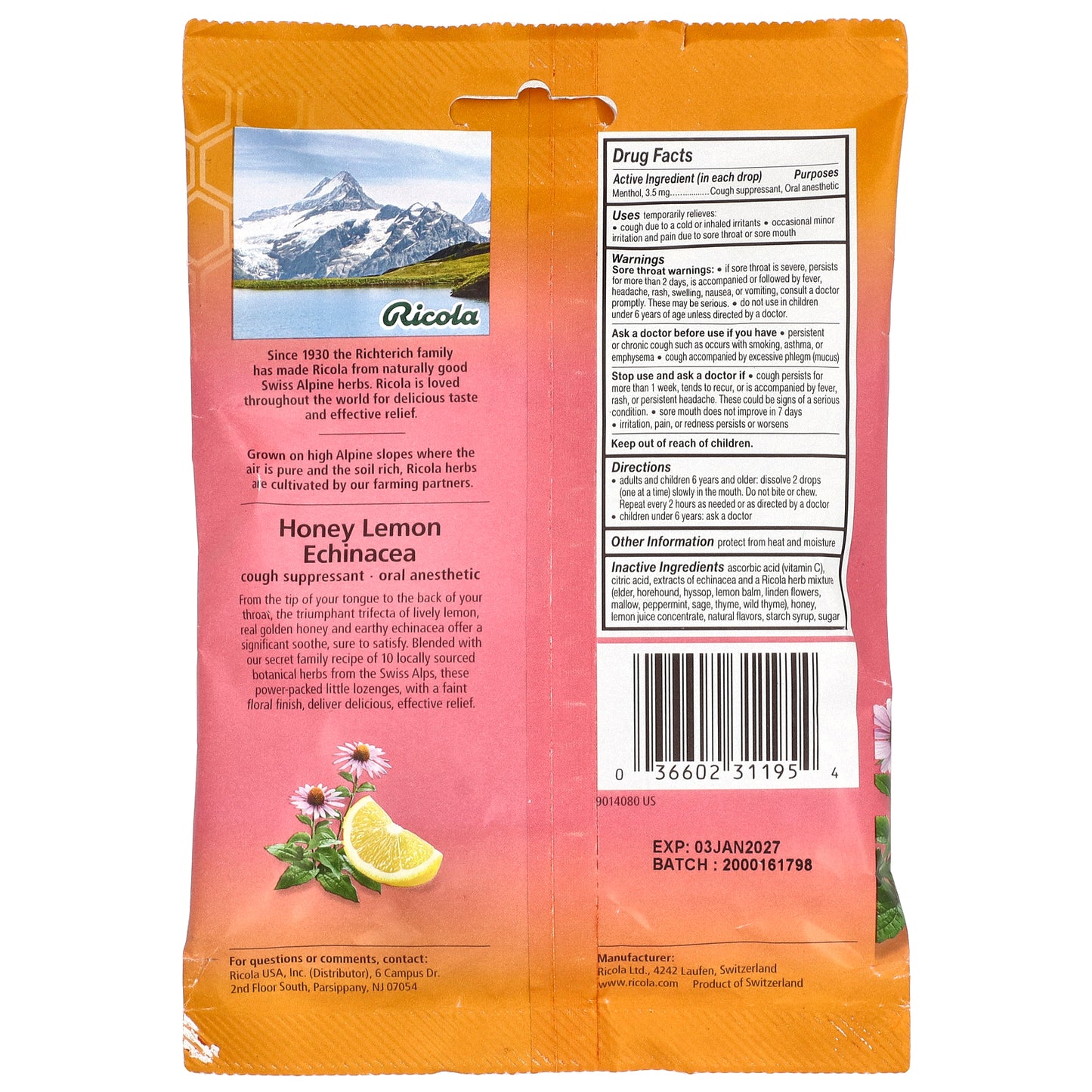 Ricola, Oral Anesthetic, Honey Lemon Echinacea , 19 Wrapped Drops