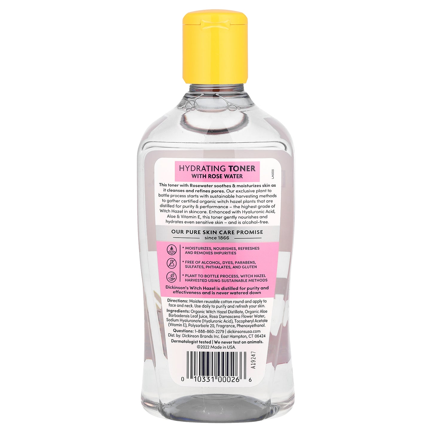 Dickinson Brands, Original Witch Hazel, Hydrating Toner with Rosewater, Alcohol Free, 16 fl oz (473 ml)
