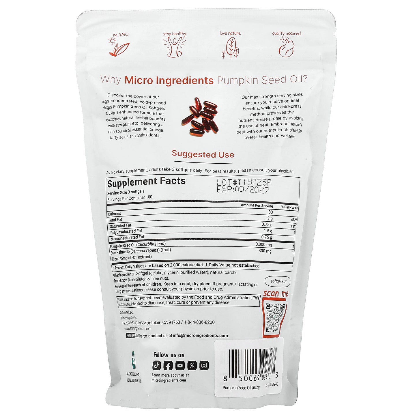 Micro Ingredients, Pumpkin Seed Oil, Cold Pressed, 300 Softgels