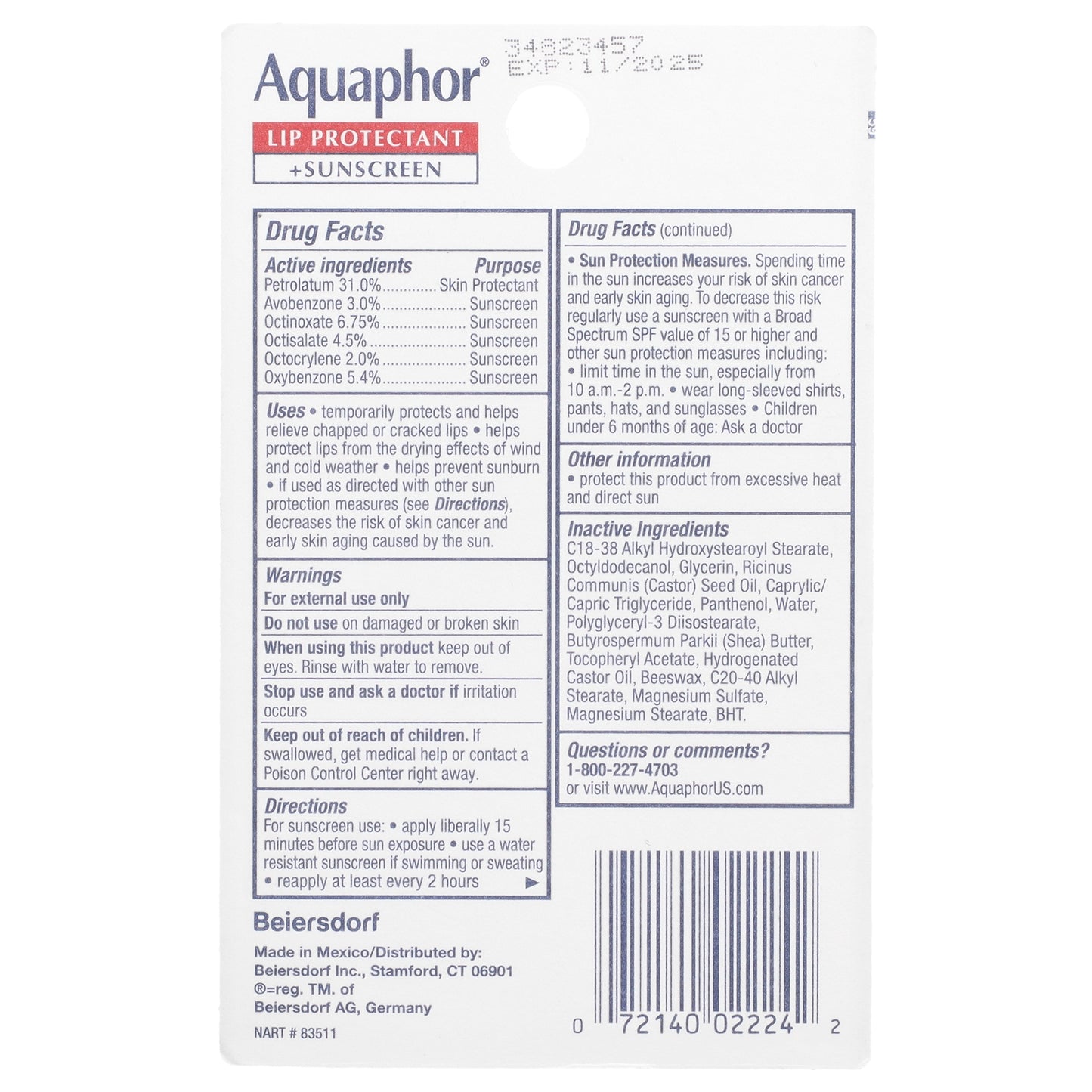 Aquaphor, Lip Protectant + Sunscreen, SPF 30, Fragrance Free, 2 Tubes, 0.35 fl oz (10 ml) Each