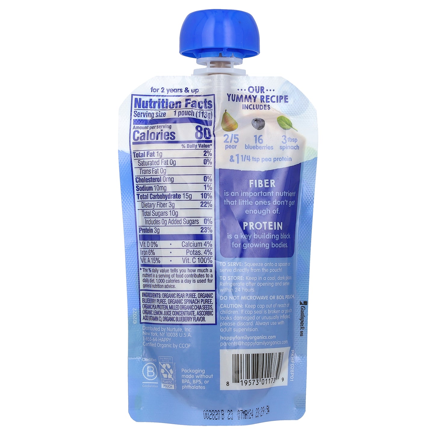 Happy Family Organics, Happy Tot®, Fiber & Protein, For 2+ Years, Organic Pears, Blueberries & Spinach, 4 oz (113 g)