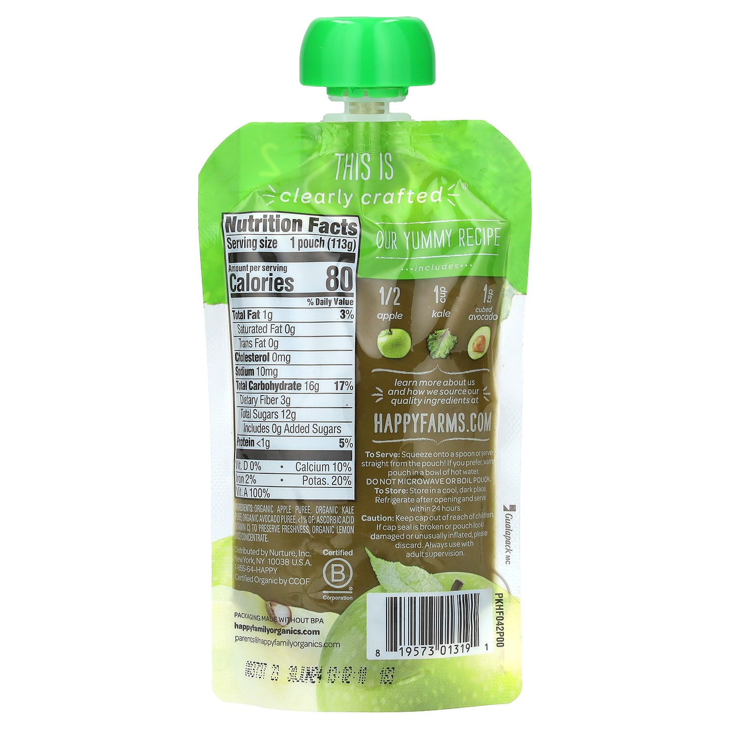 Happy Family Organics, Happy Baby®, Organic Baby Food, 6+ Months, Apples, Kale & Avocados, 4 oz (113 g)