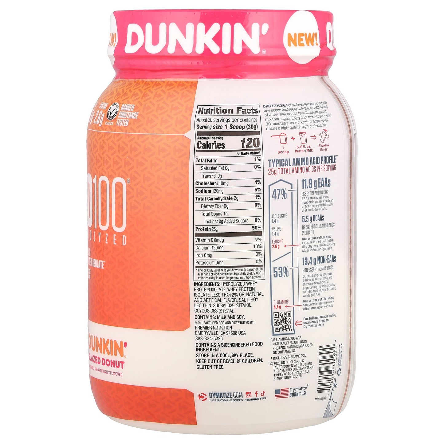 Dymatize, ISO100® Hydrolyzed, 100% Whey Protein Isolate, Dunkin® Glazed Donut, 1.34 lb (610 g)