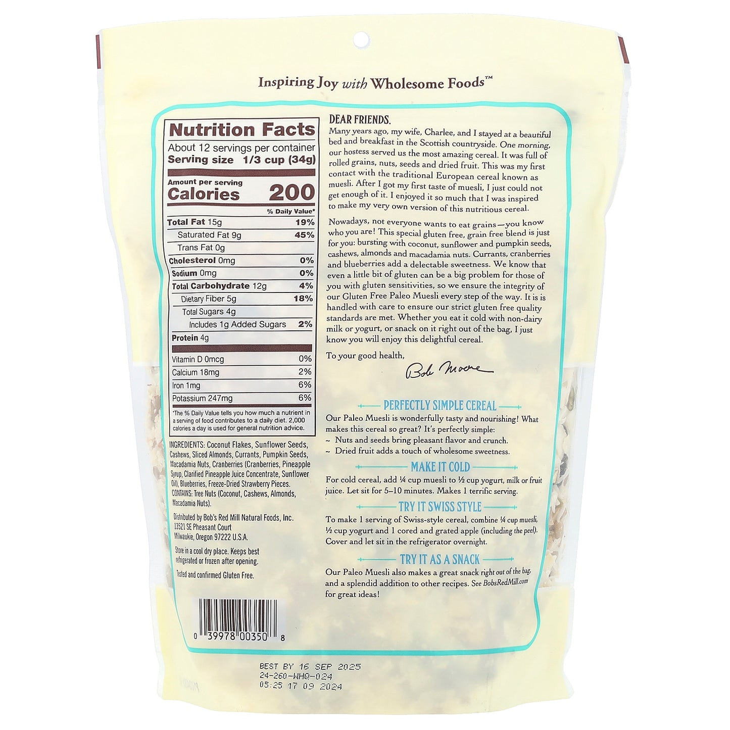 Bob's Red Mill, Muesli, Cold Cereal, Paleo Style, 14 oz (397 g)