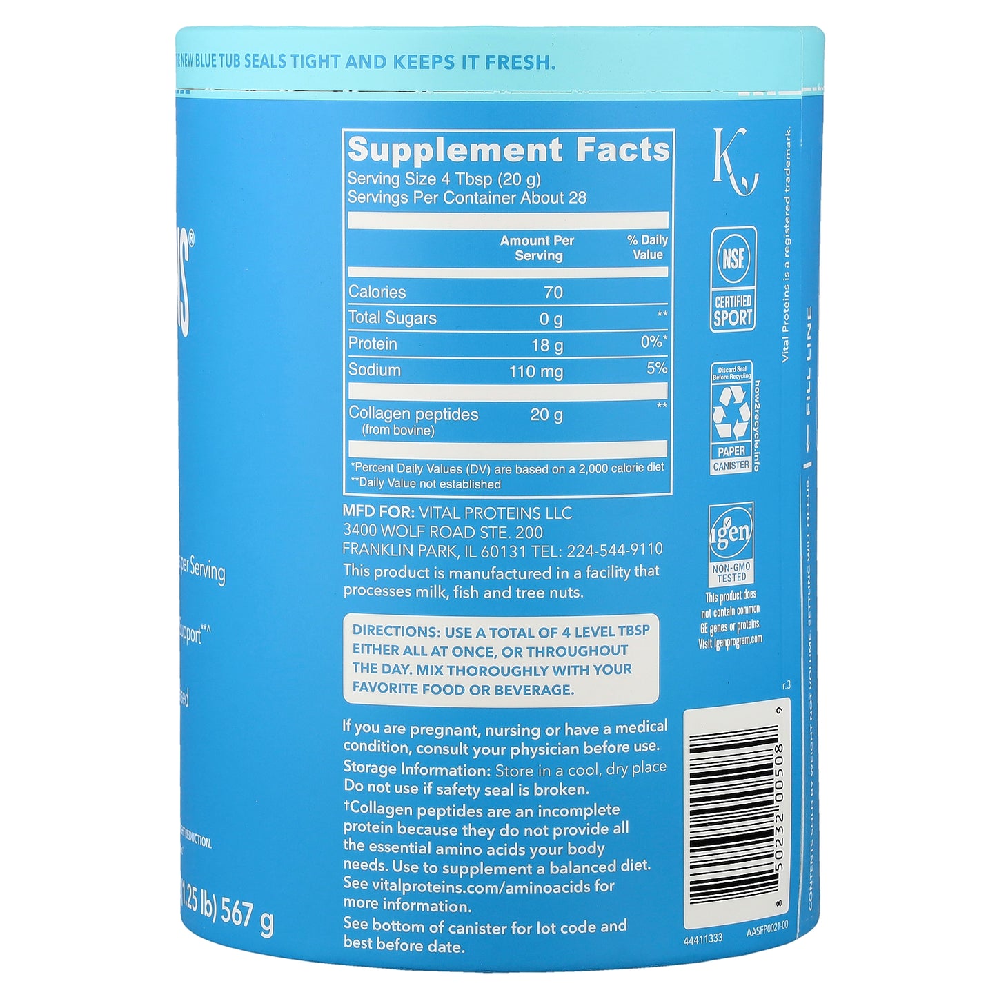 Vital Proteins, Collagen Peptides, Unflavored, 20 oz (567 g)