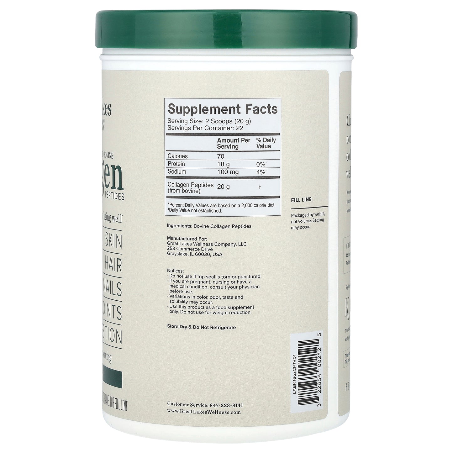 Great Lakes Wellness, Grass-Fed Bovine Collagen Peptides, Unflavored, 16 oz (454 g)