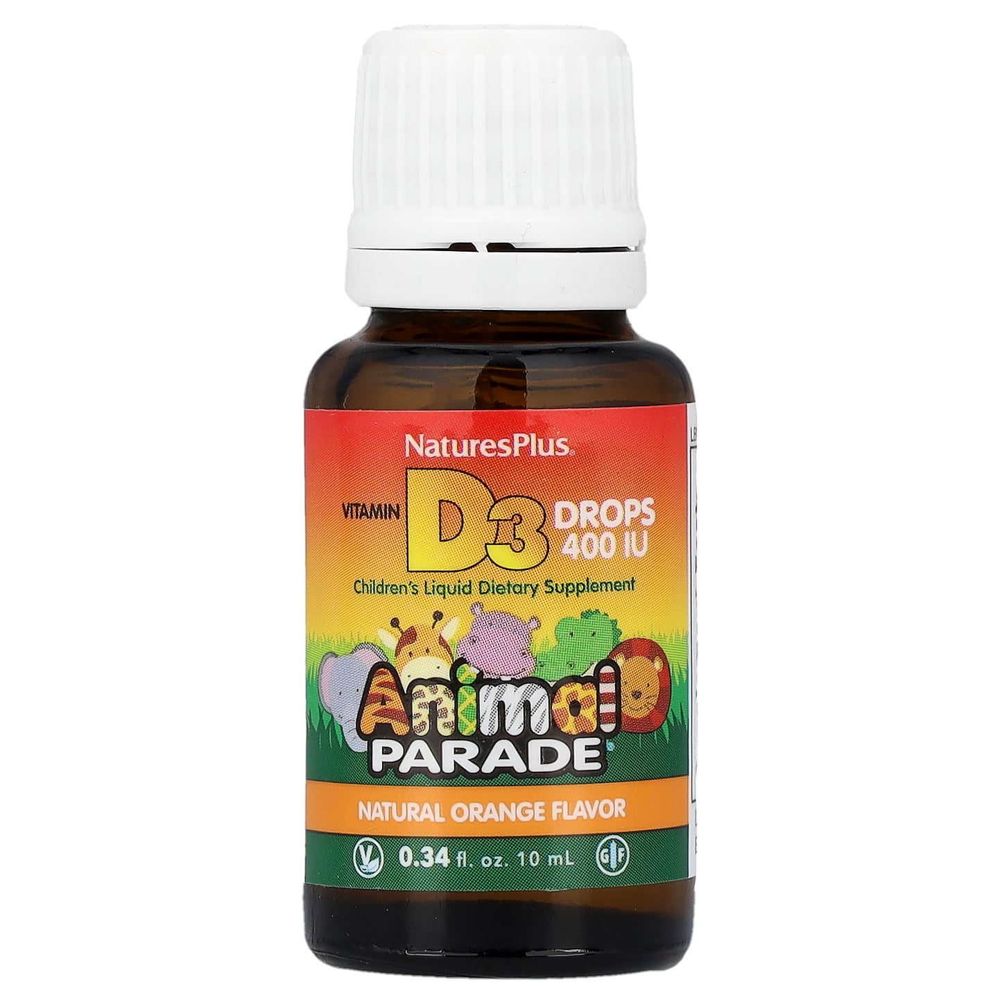 NaturesPlus, Animal Parade®, Vitamin D3 Drops, Natural Orange, 10 mcg (400 IU), 0.34 fl oz (10 ml)