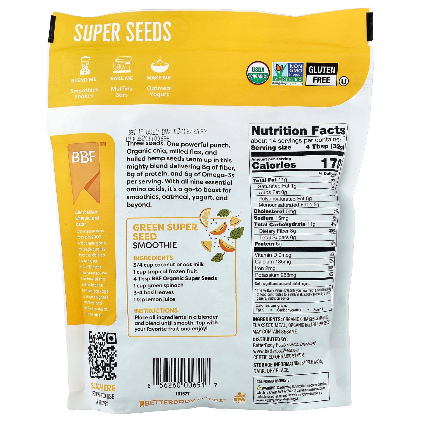 BetterBody Foods, Organic Super Seeds, 16 oz (454 g)