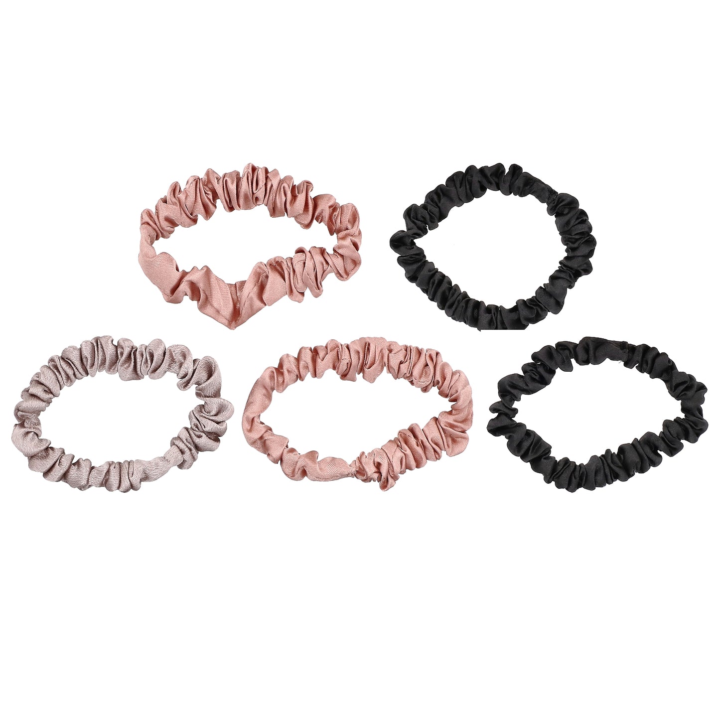Giovanni, Slim Satin Hair Scrunchies, Blush, Black, Gray, 5 Scrunchies