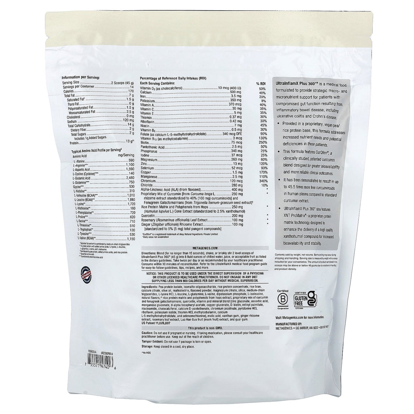 Metagenics, UltraInflamX Plus 360°, Medical Food, Pineapple Banana, 22.22 oz (630 g)