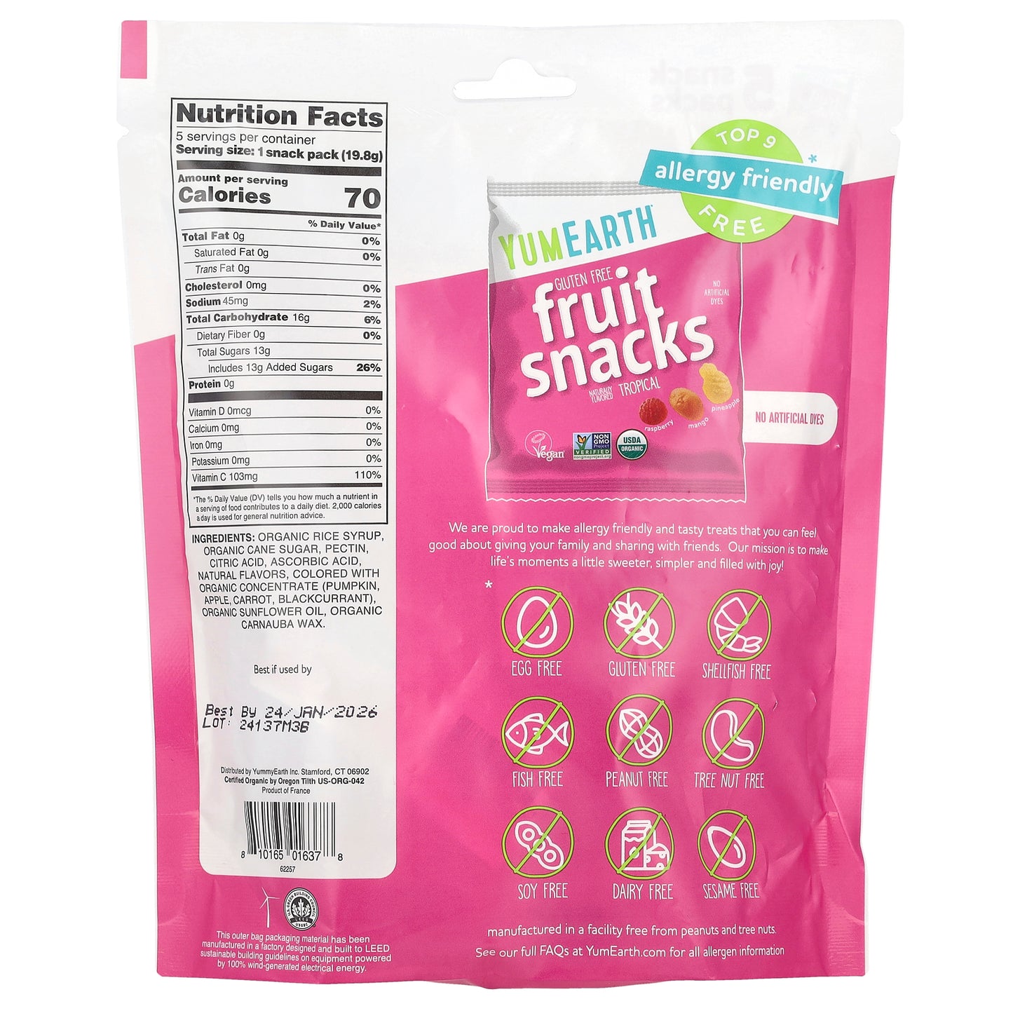 YumEarth, Gluten Free Fruit Snacks, Tropical, 5 Snack Packs, 0.7 oz (19.8 g) Each