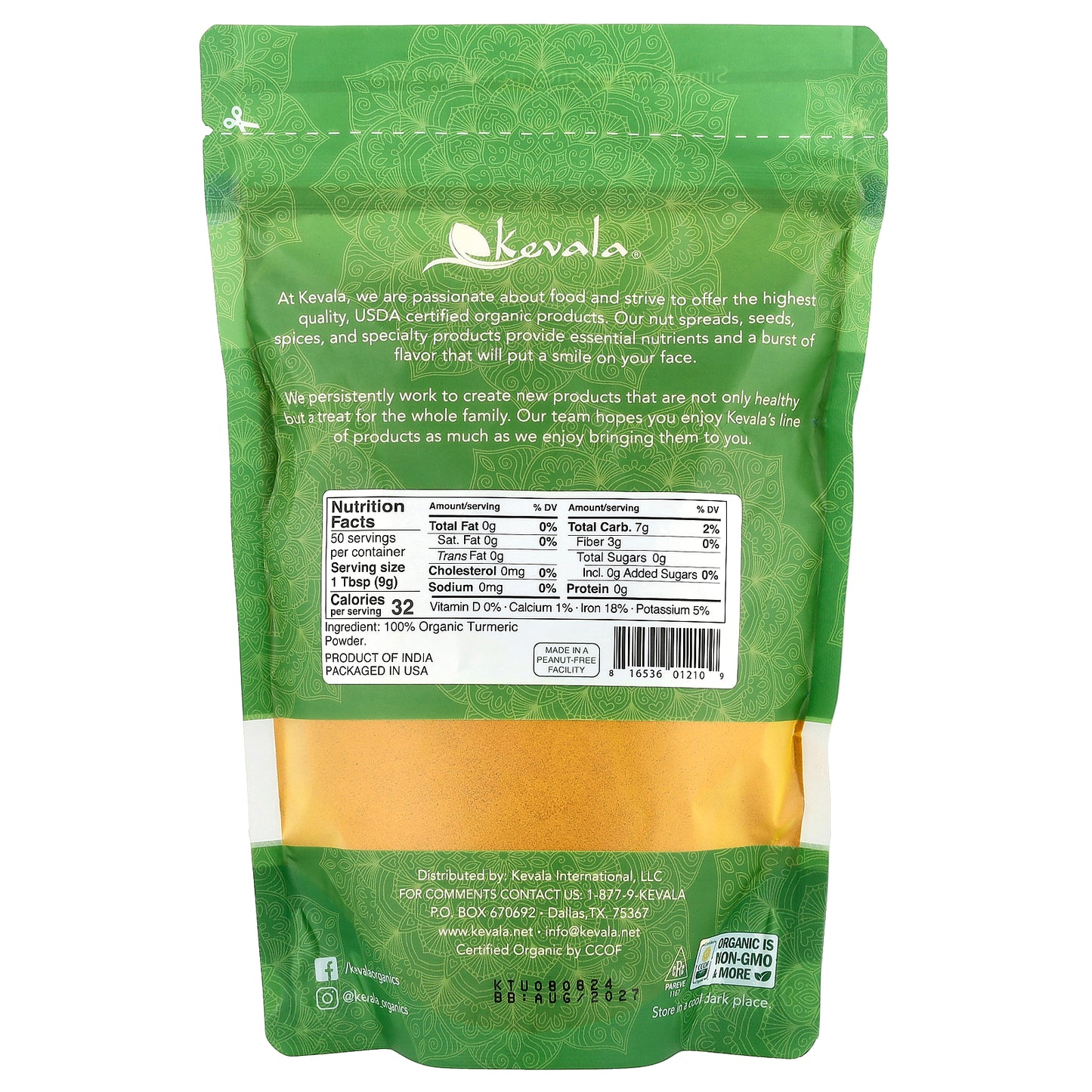 Kevala, Organic Turmeric Root Powder, 16 oz (454 g)