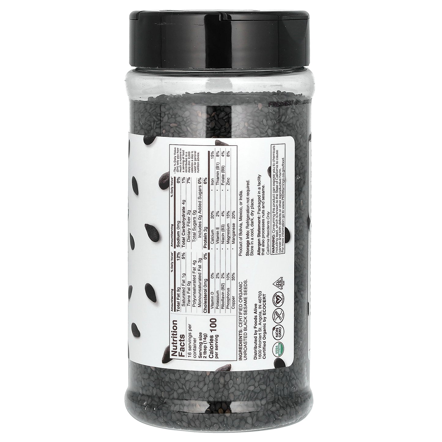 Foods Alive, Organic Black Sesame Seed Shaker Jar, 8 oz (227 g)