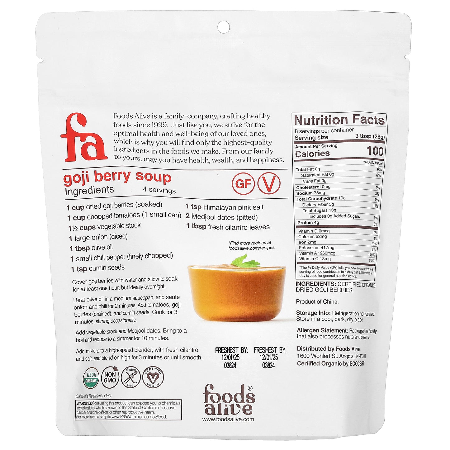 Foods Alive, Organic Goji Berries, Dried, 8 oz (227 g)