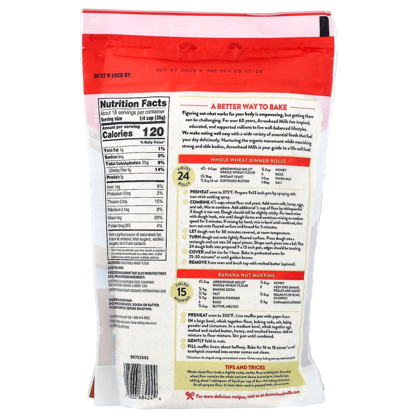 Arrowhead Mills, Organic Whole Wheat Flour, Stone Ground, 22 oz (623 g)