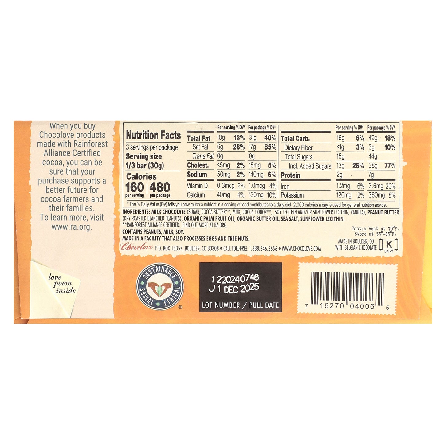 Chocolove, Filled Salted Peanut Butter in Milk Chocolate, 33% Cocoa, 3.2 oz (90 g )