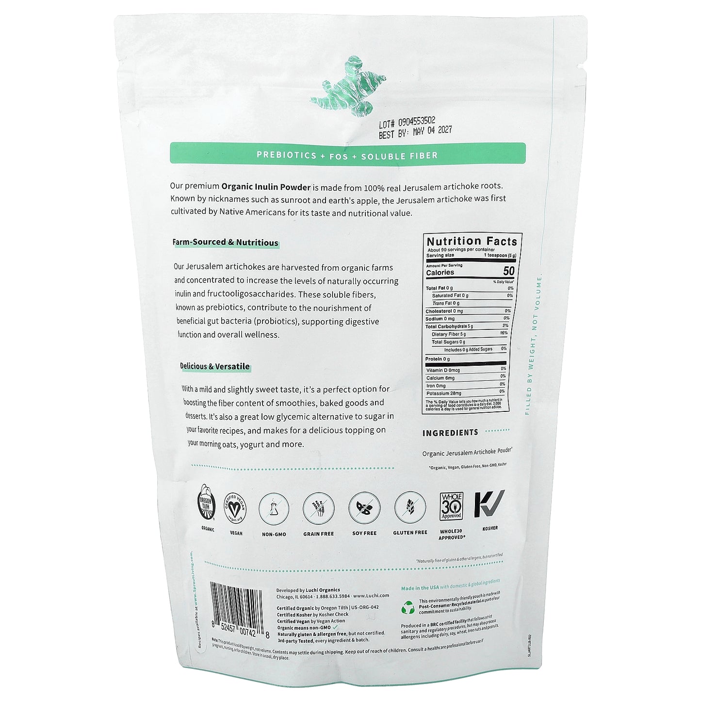 Sprout Living, Organic Prebiotic Inulin, Superfood Powder, 1 lb (454 g)