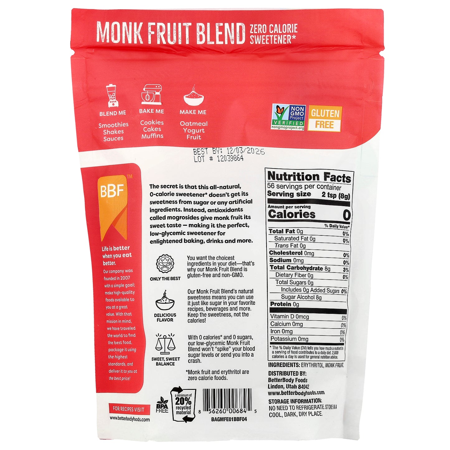 BetterBody Foods, Monk Fruit Blend, 1 lb (454 g)