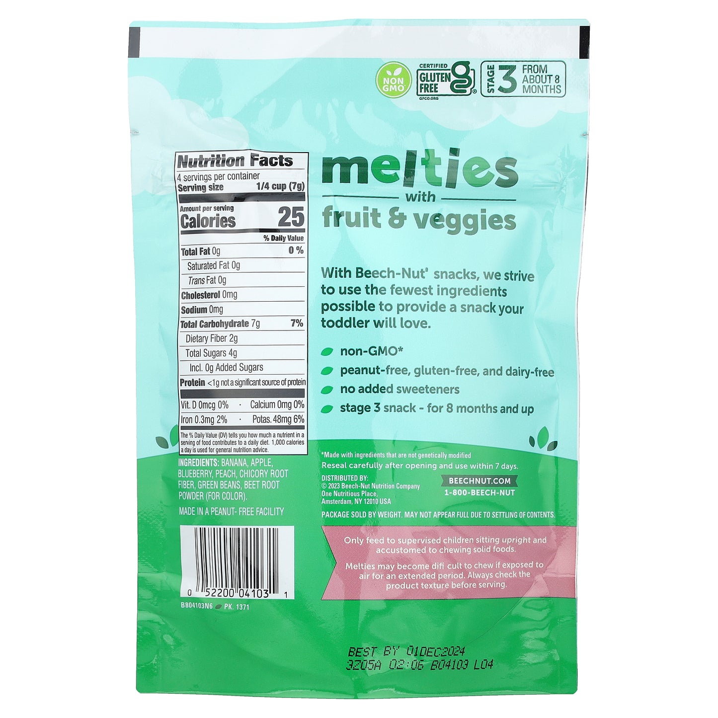 Beech-Nut, Melties with Fruit & Veggies, 8+ Months, Banana, Blueberry & Green Bean, 1 oz (28 g)