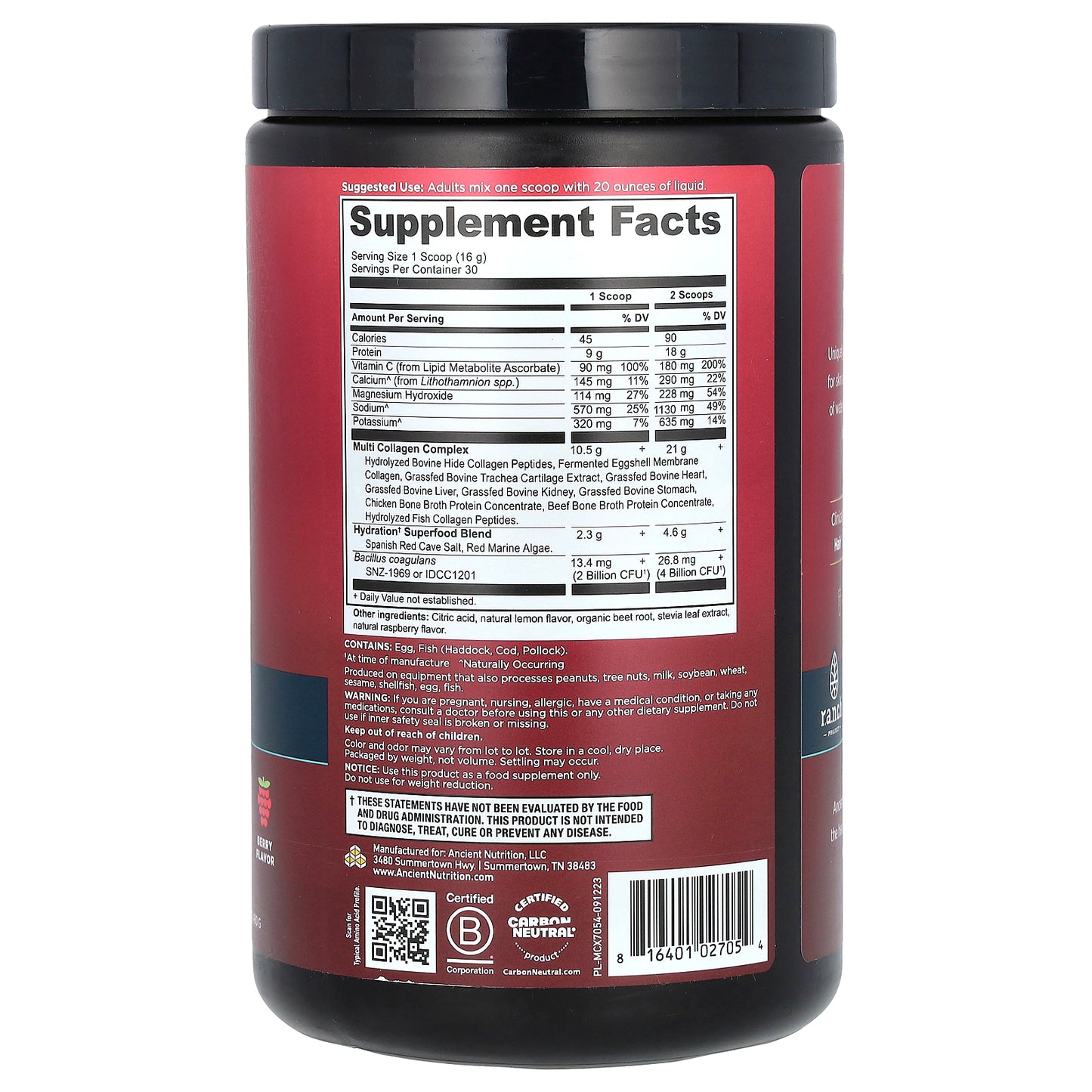 Ancient Nutrition, Multi Collagen Advanced, Hydrate, Berry, 16.9 oz (480 g)