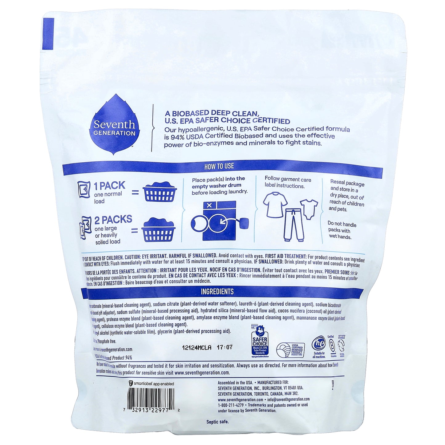 Seventh Generation, Laundry Detergent Packs, Free & Clear, Fragrance Free, 45 Packs, 1.98 lbs (900 g)