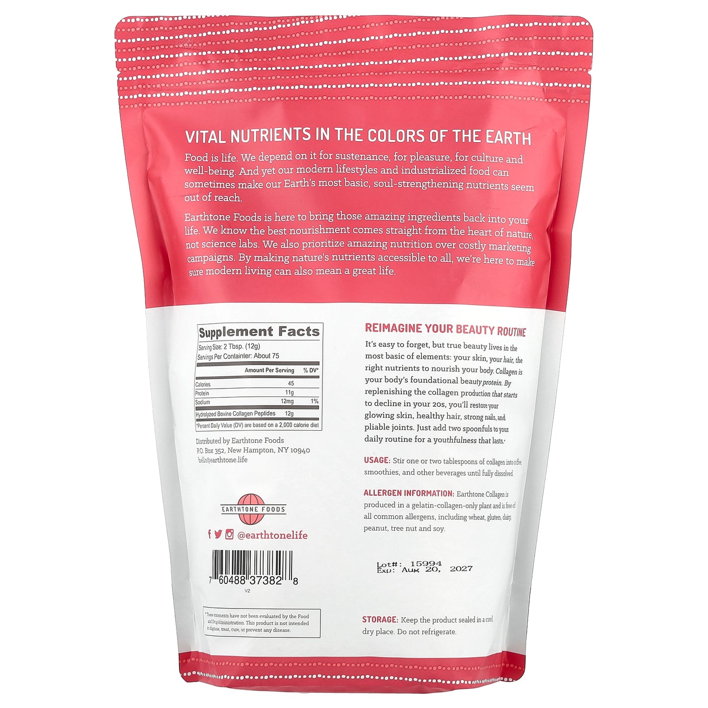 Earthtone Foods, Grass Fed Collagen Peptides, 32 oz (907 g)