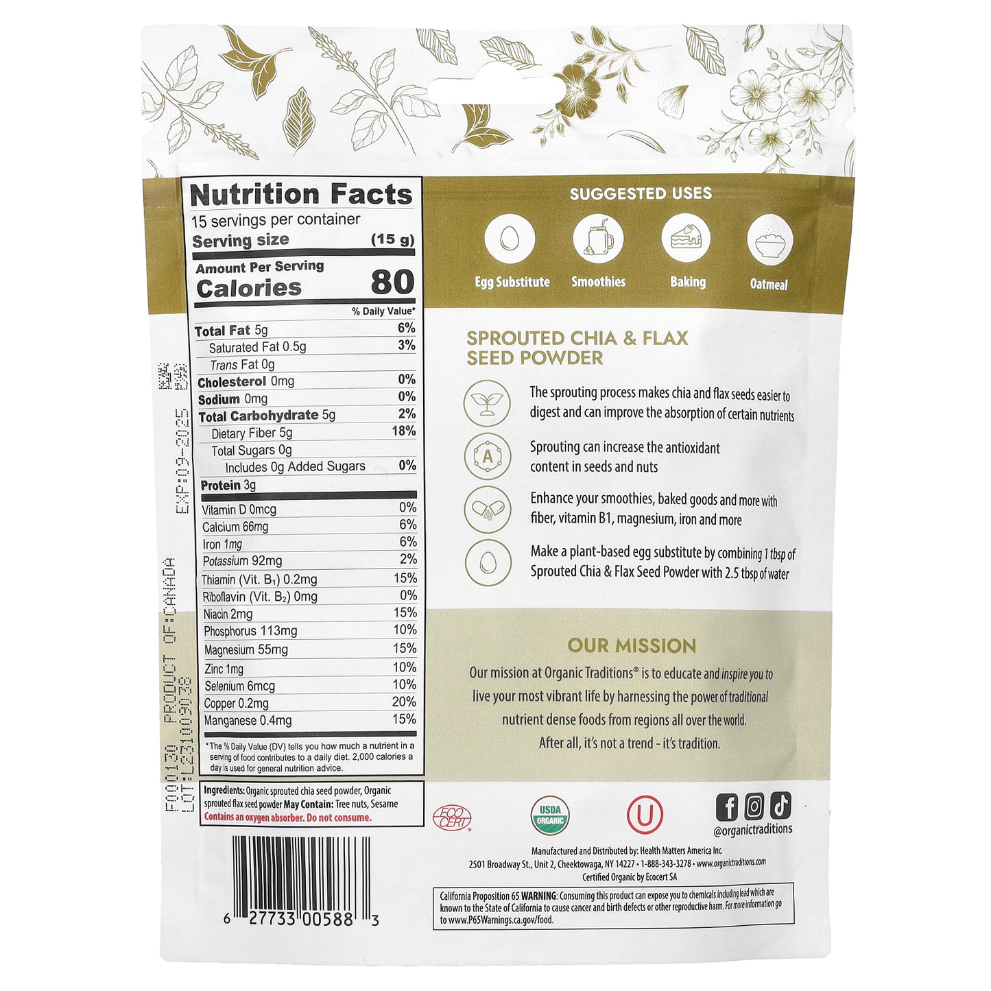 Organic Traditions, Sprouted Chia & Flax Seed Powder, 8 oz (227 g)