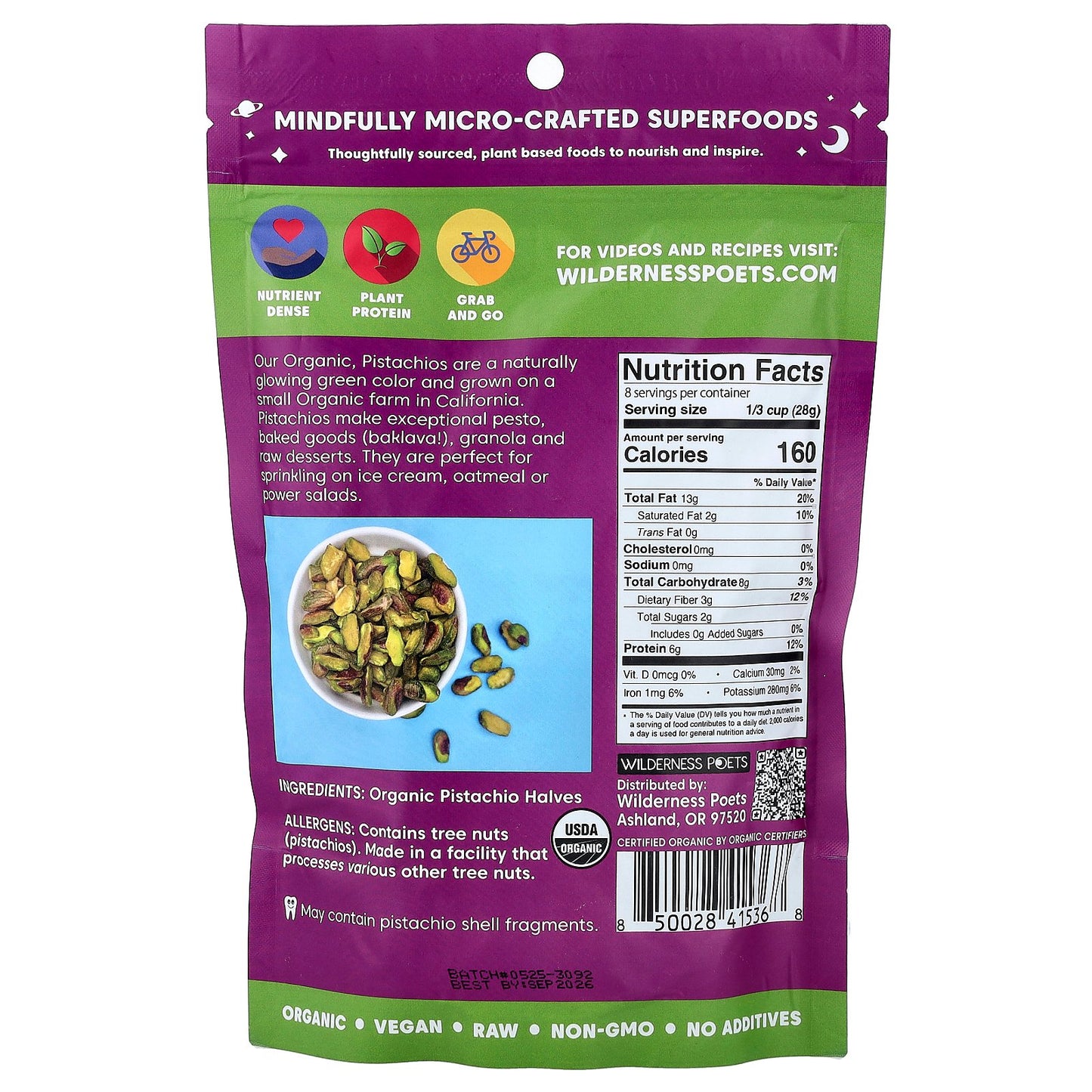 Wilderness Poets, Organic California Pistachios, Bright Green Halves, Unsalted, 8 oz (226 g)