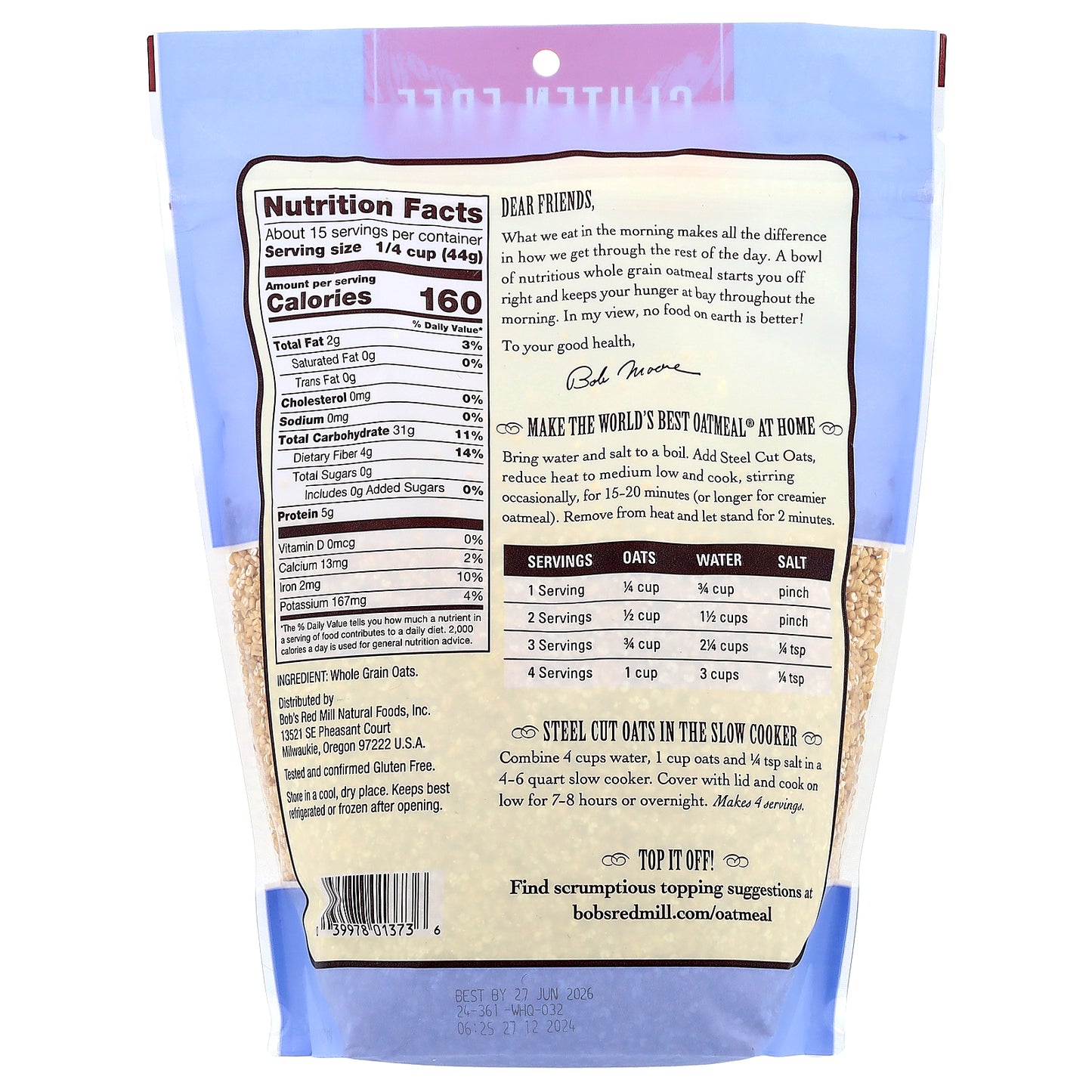 Bob's Red Mill, Steel Cut Oats, Whole Grain, Gluten Free, 24 oz (680 g)