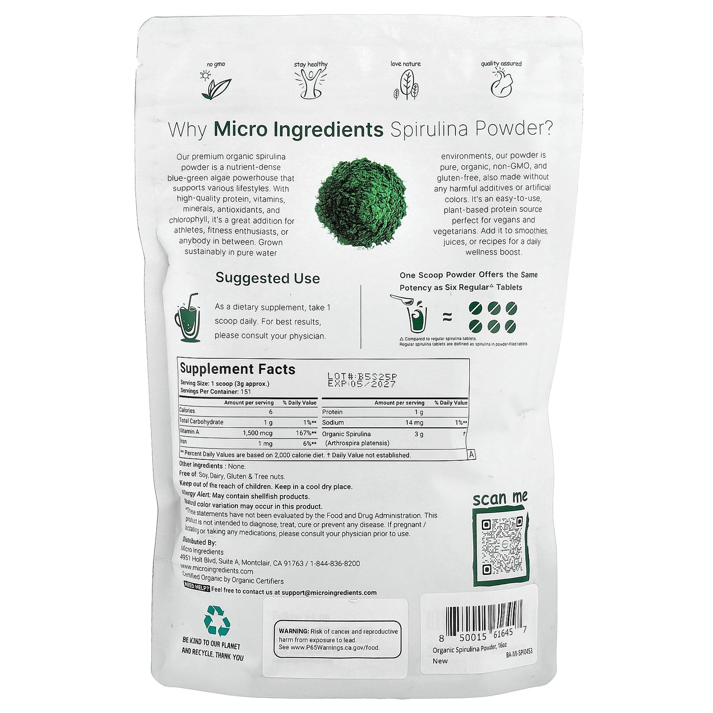 Micro Ingredients, Organic Spirulina Powder, 1 lb (454 g)