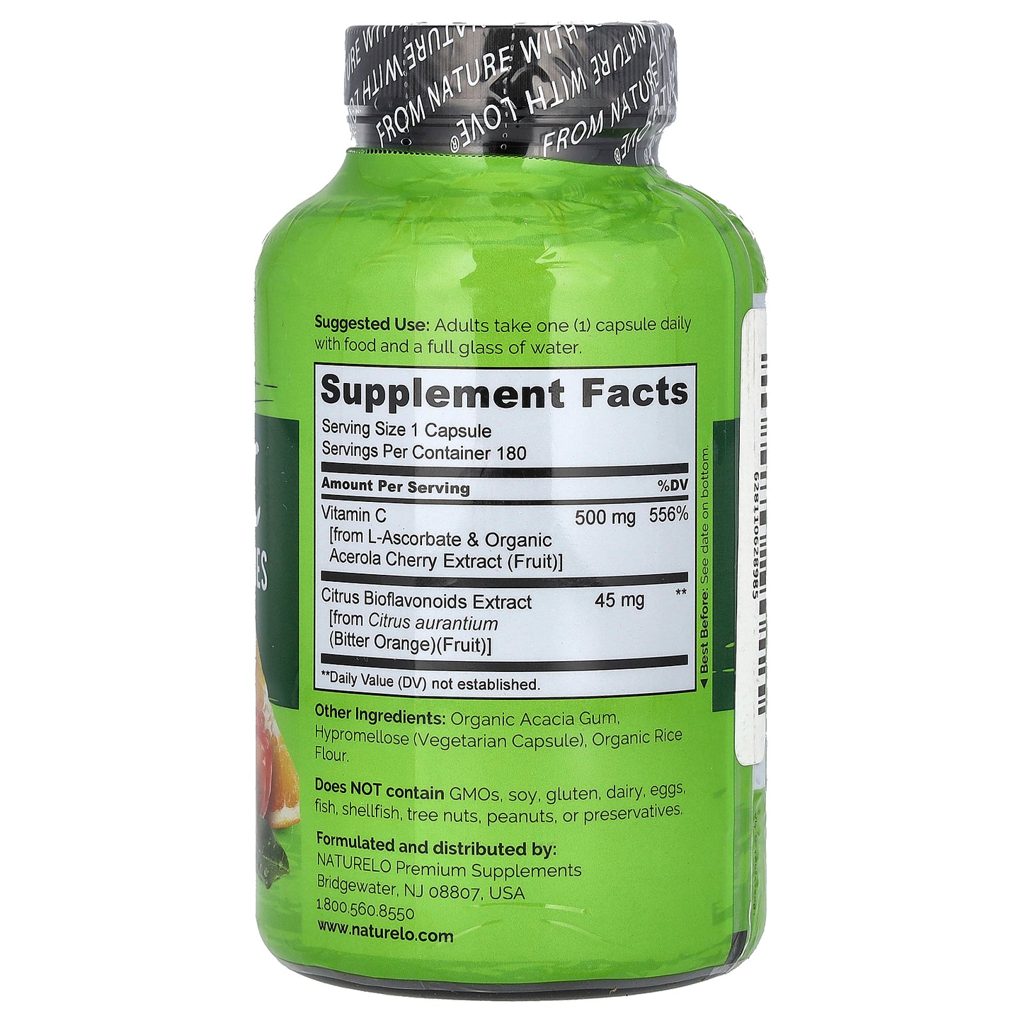 NATURELO, Vitamin C With Acerola Cherries Plus Citrus Bioflavonoids, 180 Vegetarian Capsules