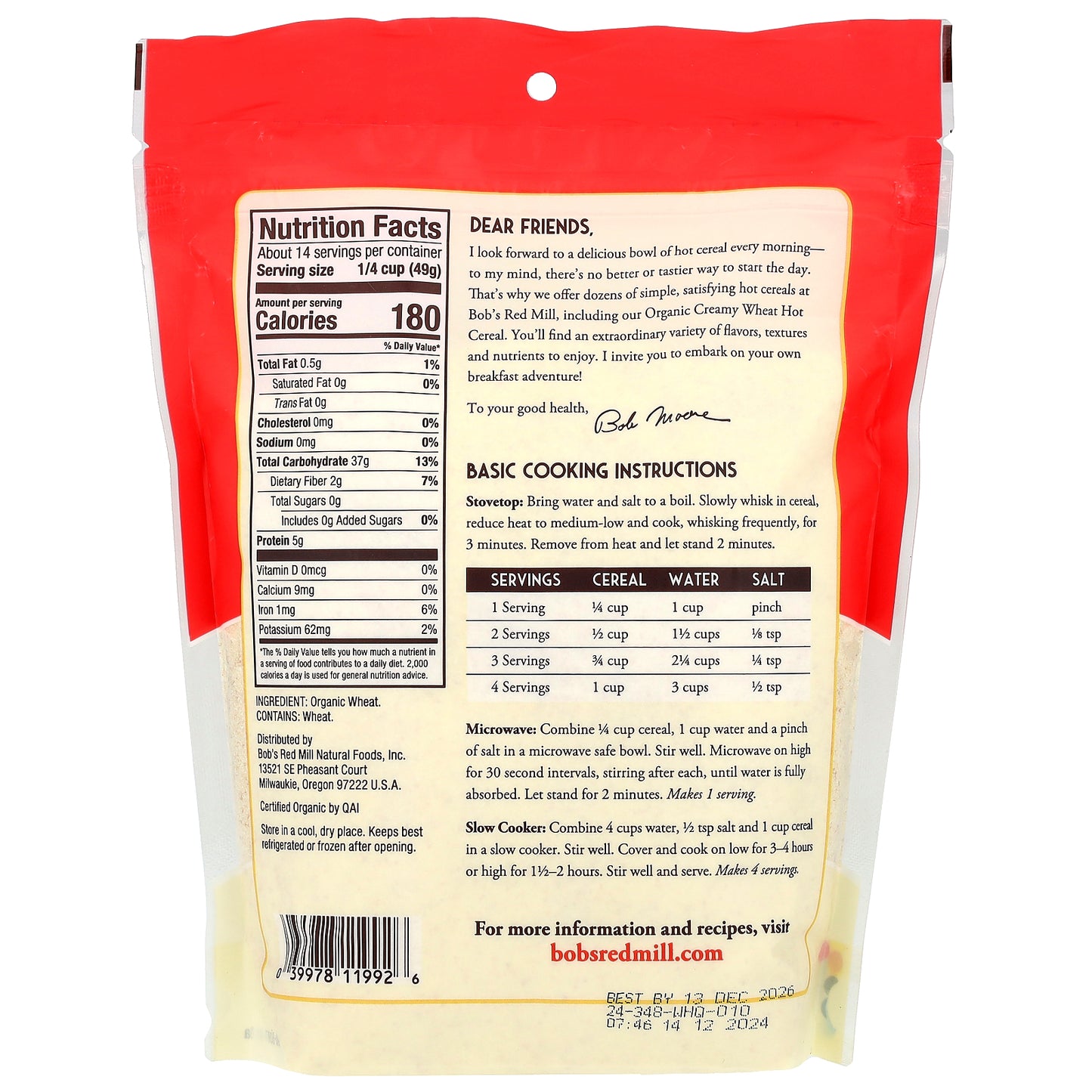 Bob's Red Mill, Organic Creamy Wheat Hot Cereal, 24 oz (680 g)