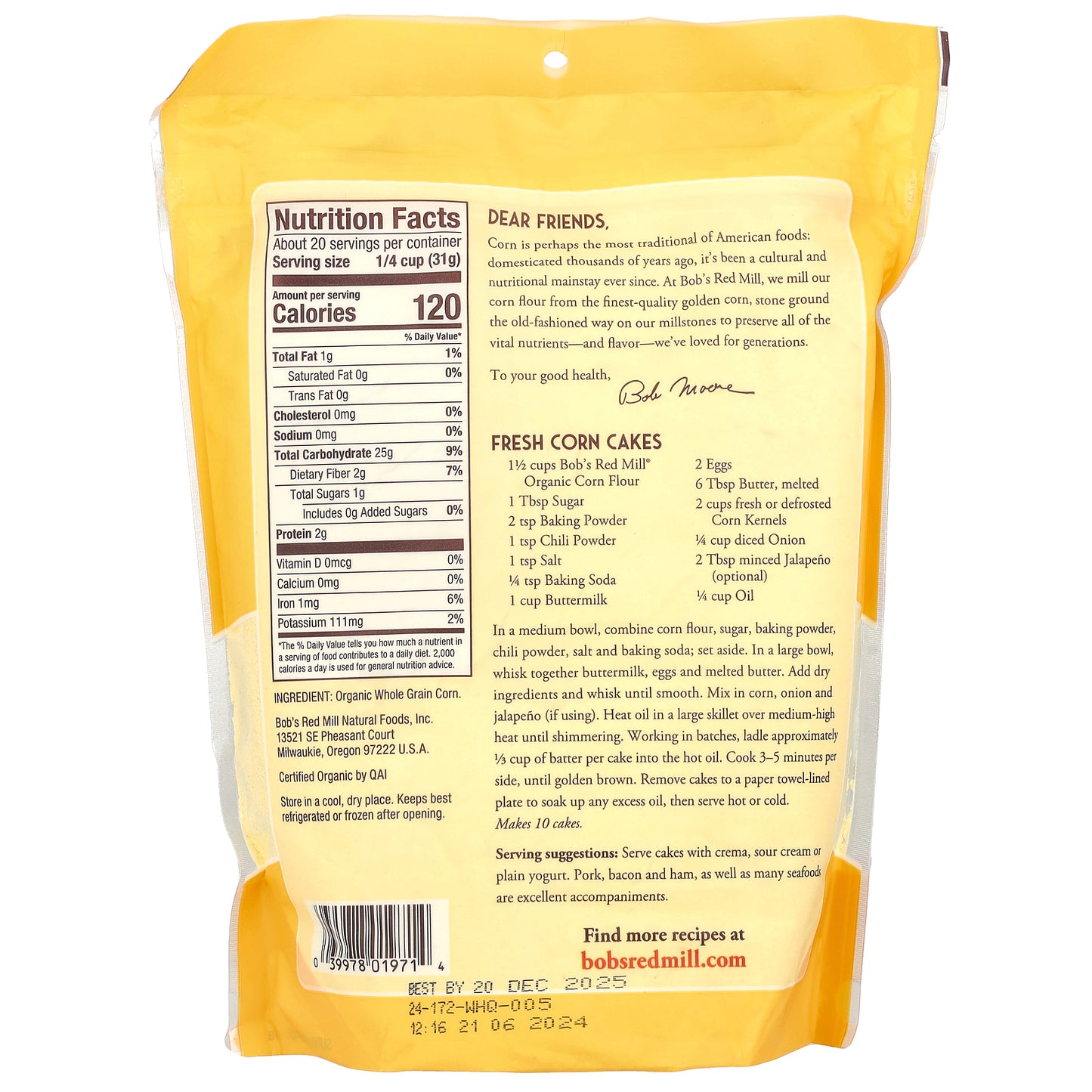Bob's Red Mill, Organic Whole Grain Corn Flour, 22 oz (624 g)