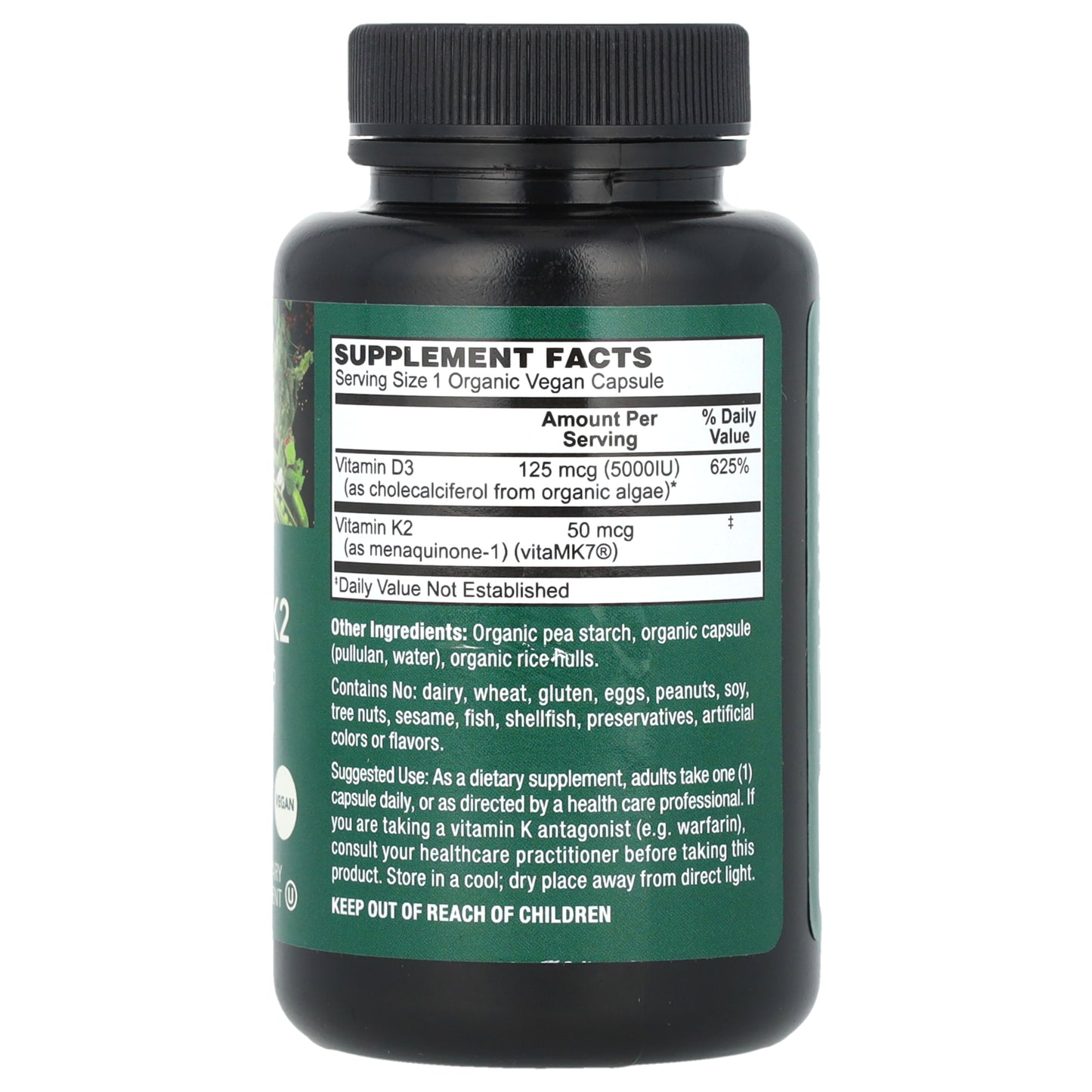 PlantFusion, Organic Vegan Vitamin D3+ K2, 5,000 IU/50 mcg, 60 Organic VegCaps