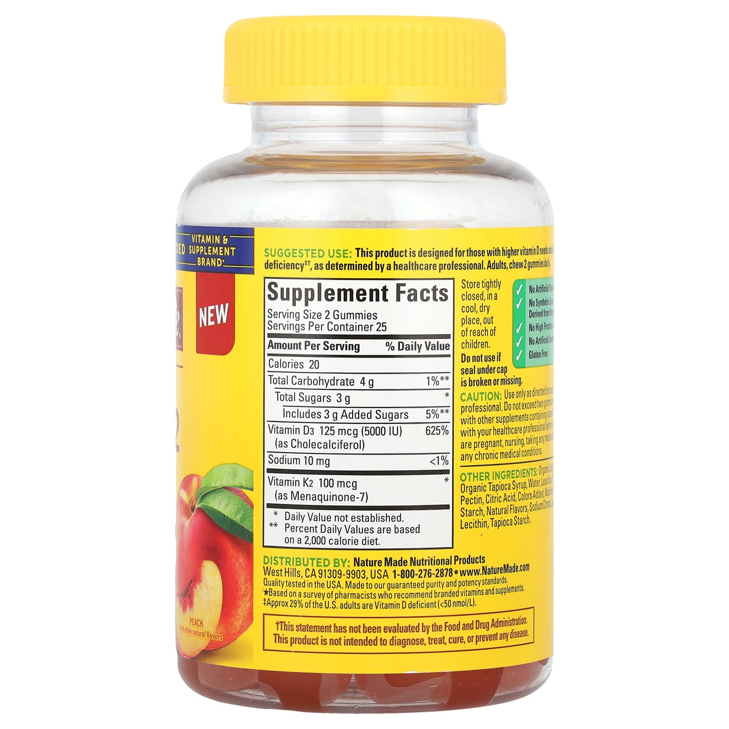 Nature Made, Vitamin D3 + K2 Gummies, Peach, 50 Gummies