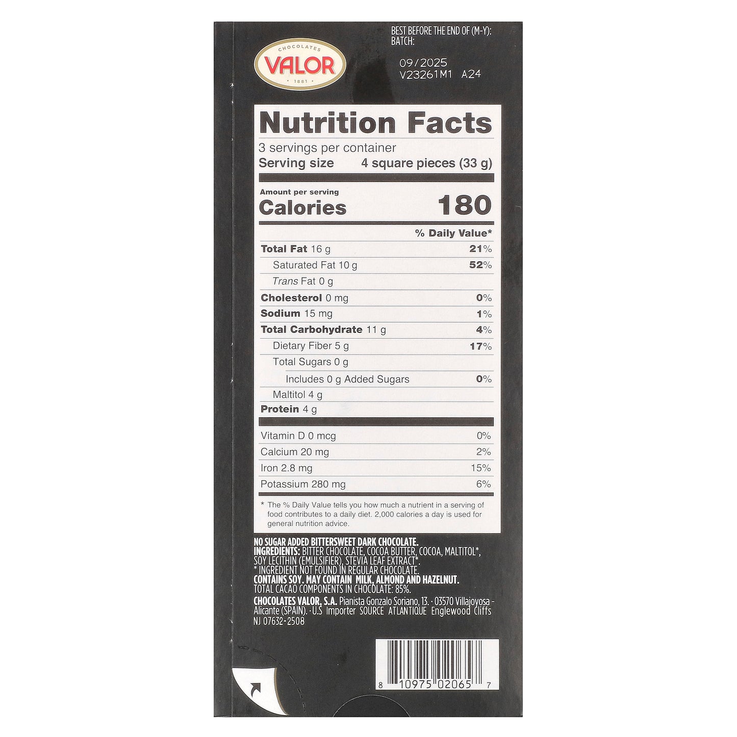 Valor, 0% Sugar Added, Dark Chocolate, 85% Cacao, 3.5 oz (100 g)