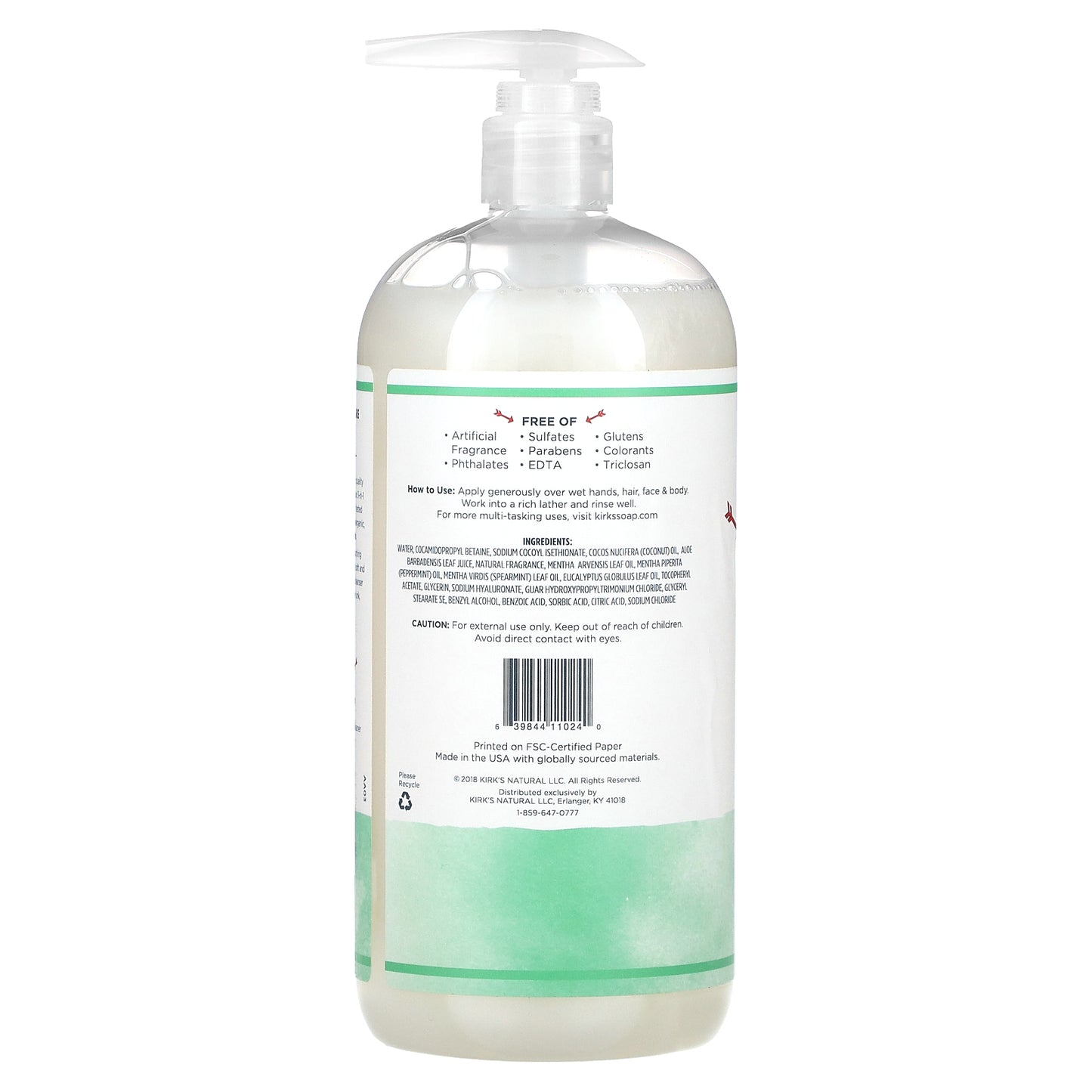 Kirk's, 3-In-1 Head To Toe Nourishing Cleanser, Mint & Eucalyptus, 32 fl oz (946 ml)