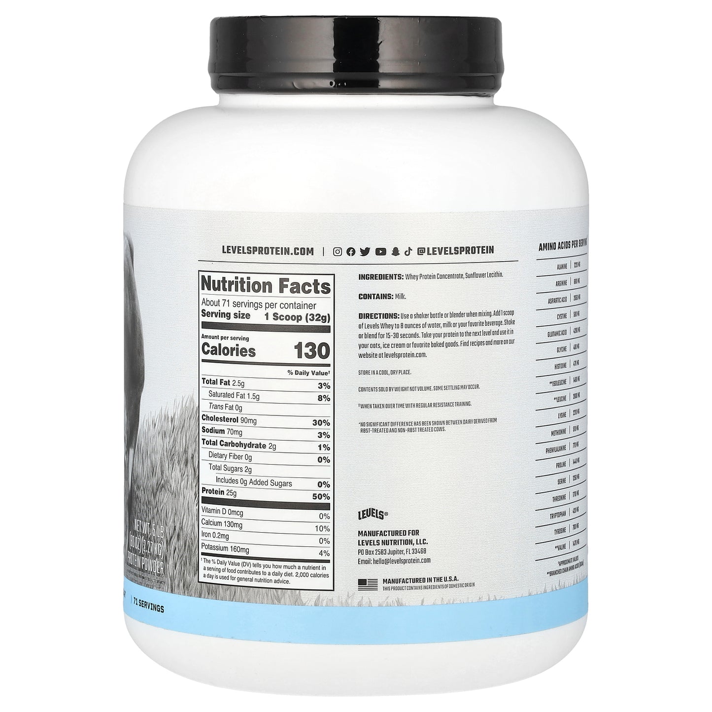 Levels, Grass Fed Whey Protein Powder, Unflavored, 5 lb (2.27 kg)