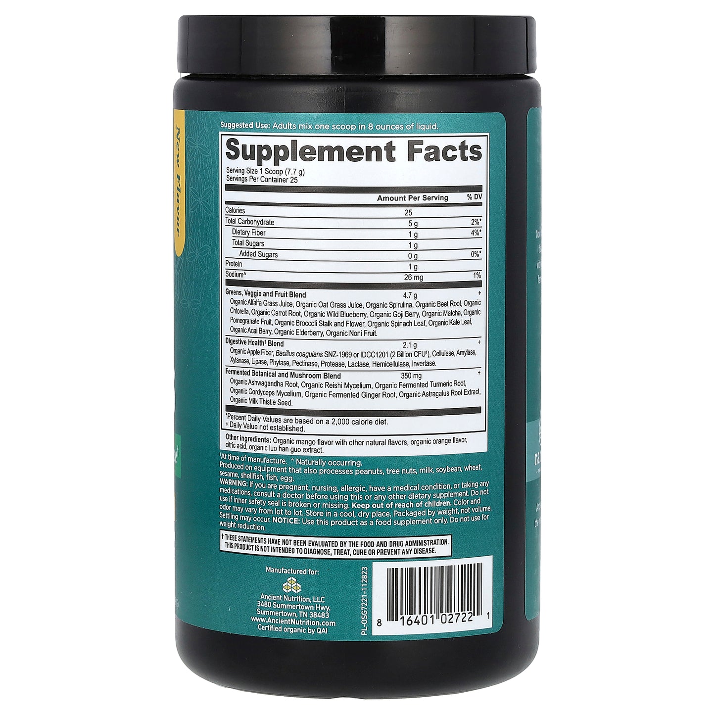 Ancient Nutrition, Organic SuperGreens, Mango, 6.8 oz (192.8 g)