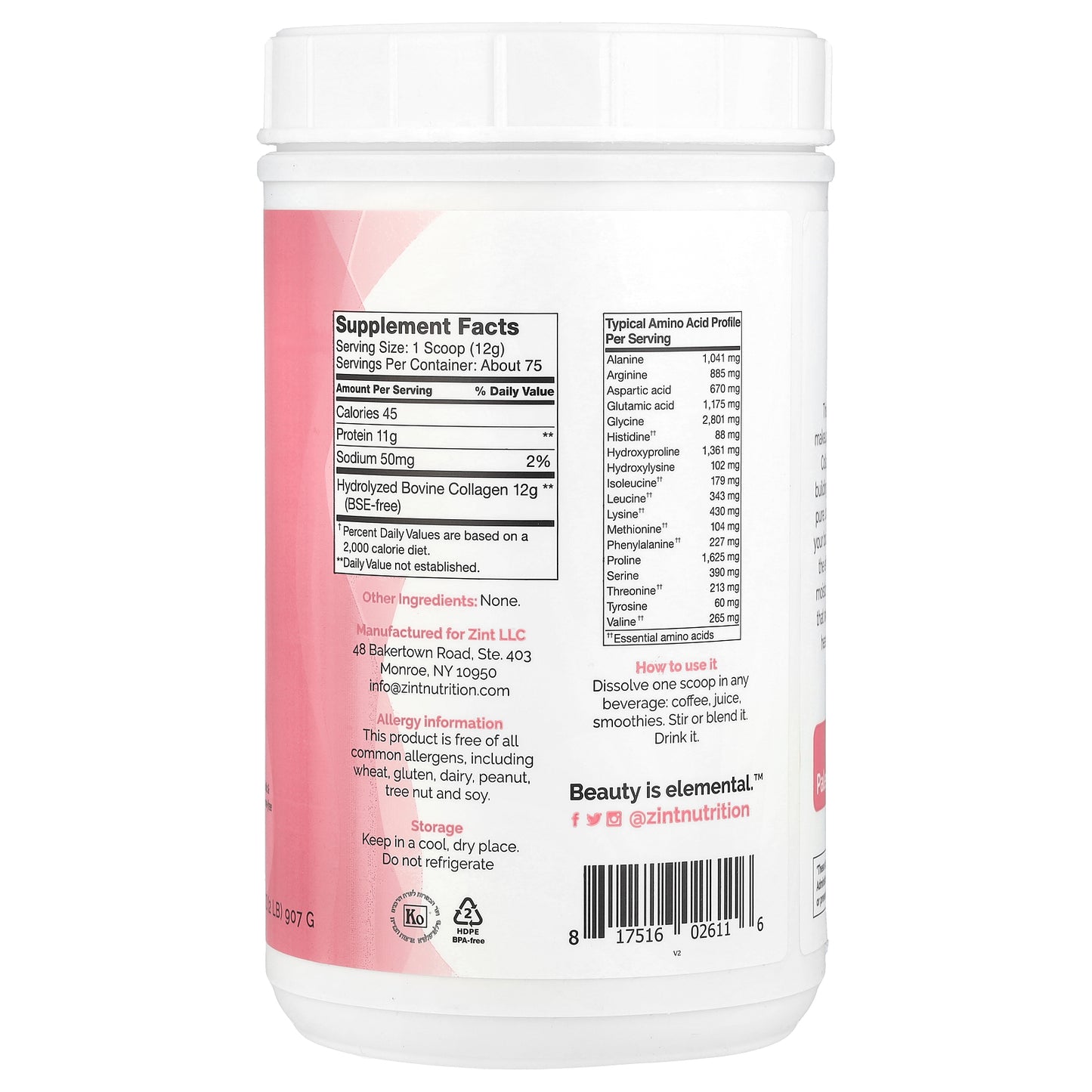 Zint, Pure Grass-Fed Collagen Peptides, Unflavored, Container, 32 oz (907 g)