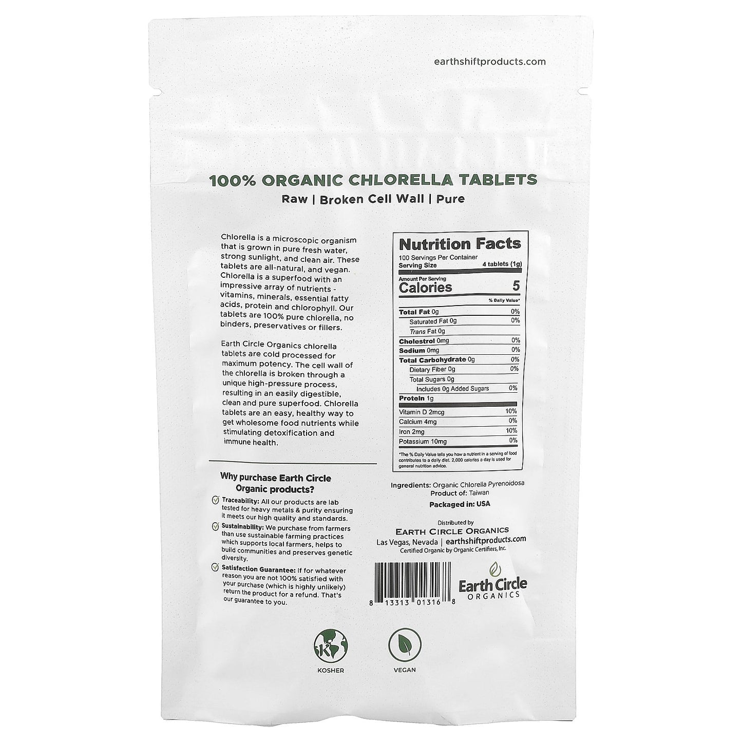 Earth Circle Organics, 100% Organic Chlorella Tablets, 400 Tablets