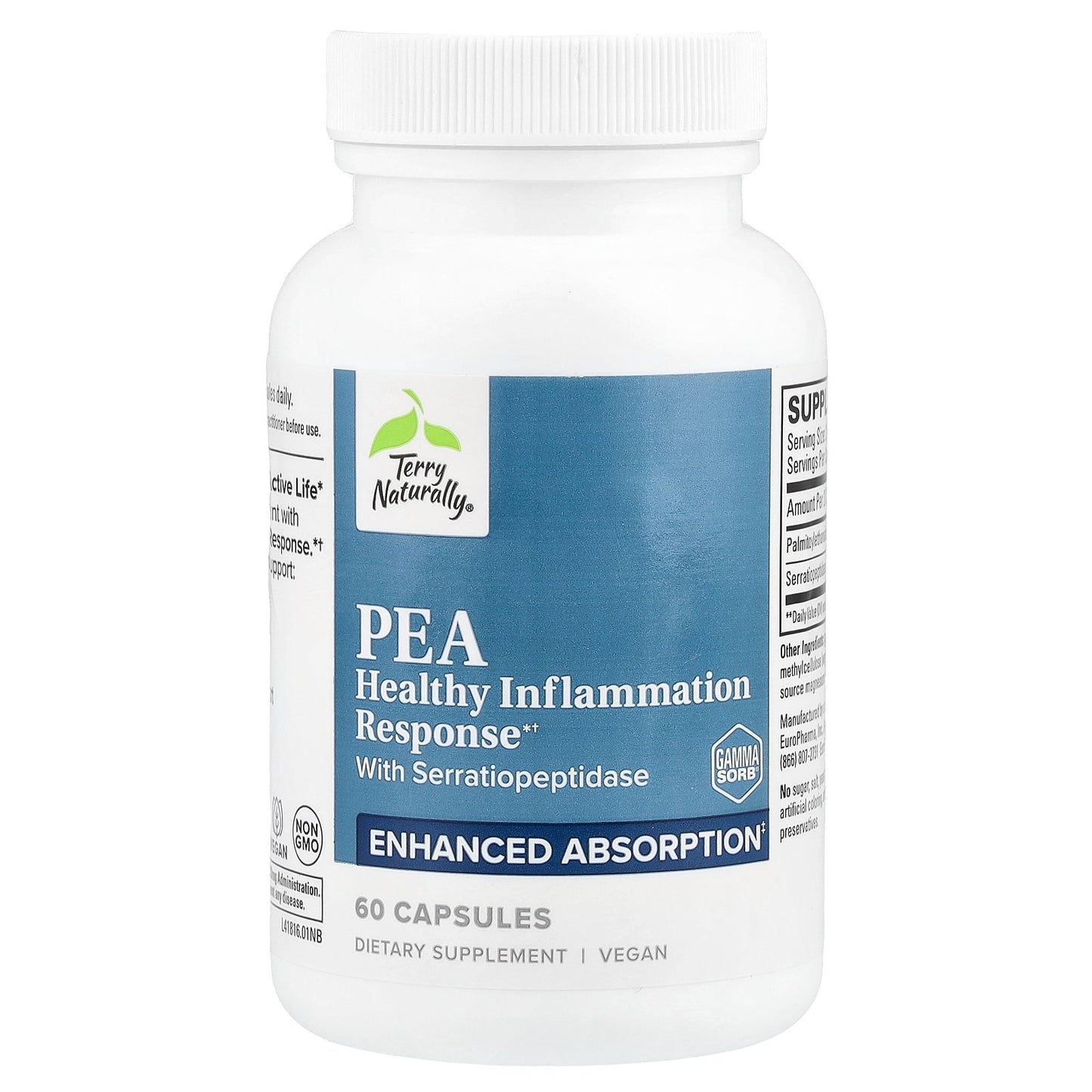 Terry Naturally, PEA Healthy Inflammation Response With Serratiopeptidase, 60 Capsules