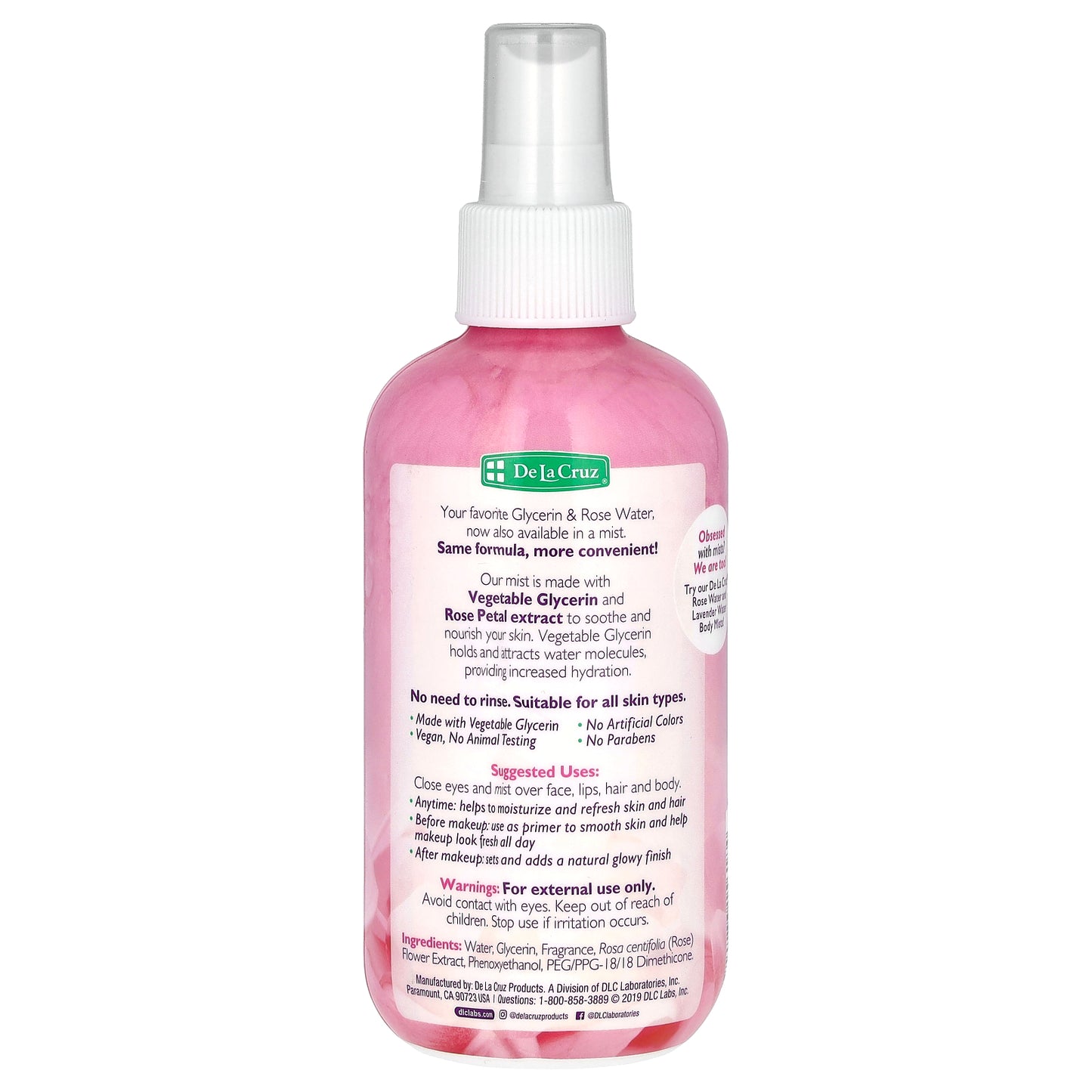 De La Cruz, Glycerin & Rose Water, Moisture Mist, 8 fl oz (236 ml)