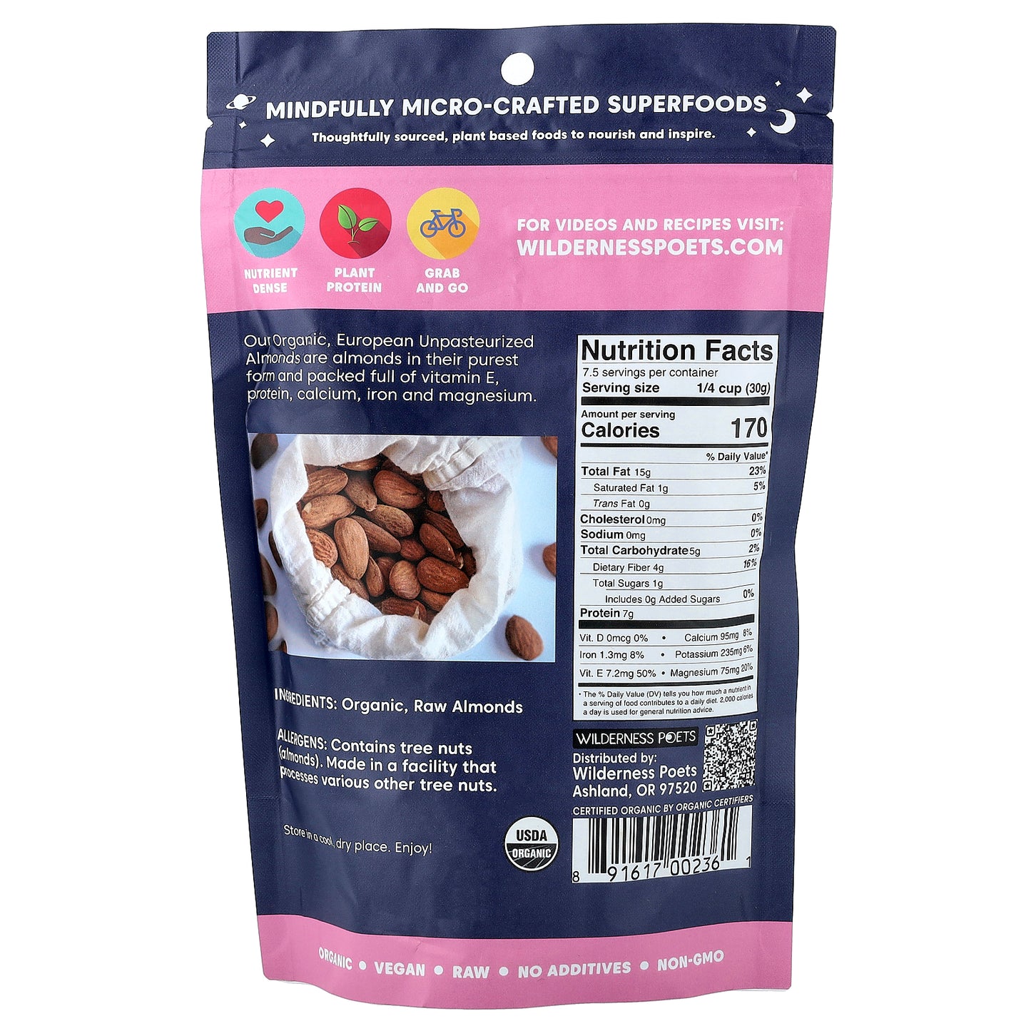 Wilderness Poets, Organic Unpasteurized Almonds, Unsalted, 8 oz (226 g)