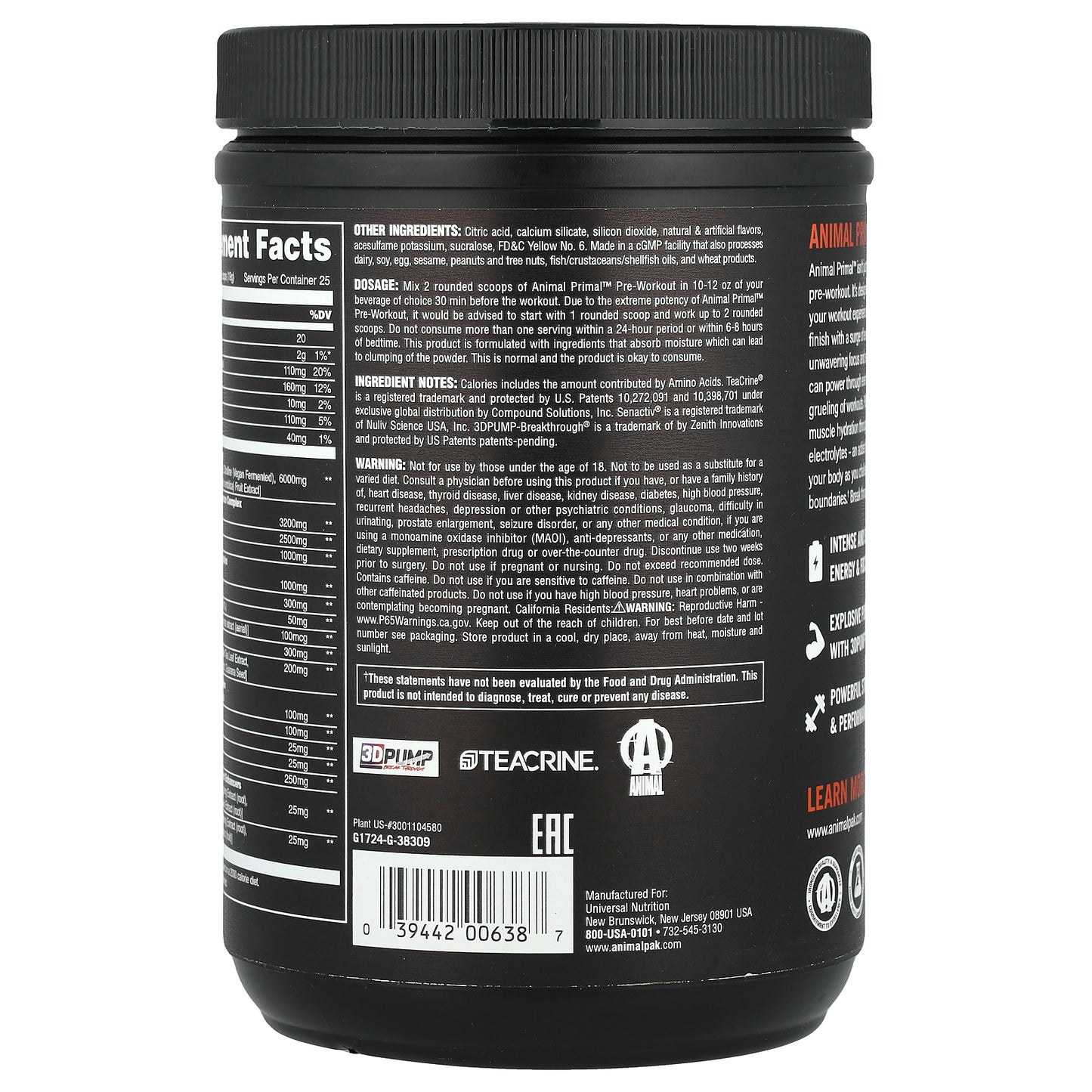 Animal, Pre Workout Primal™ Powder, Wick'd Peach, 1.04 lb (475 g)