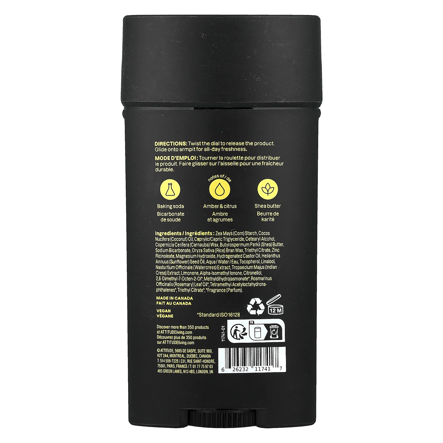 ATTITUDE, Super Leaves™, Aluminum-Free Deodorant, For Men, Amber & Citrus, 2.64 oz (75 g)